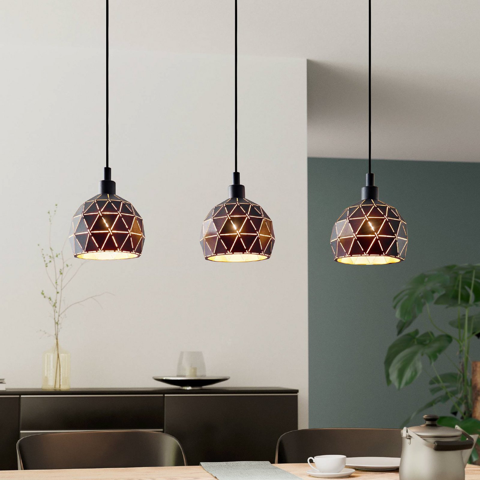 Roccaforte hanging light, black/gold-coloured, length 75 cm