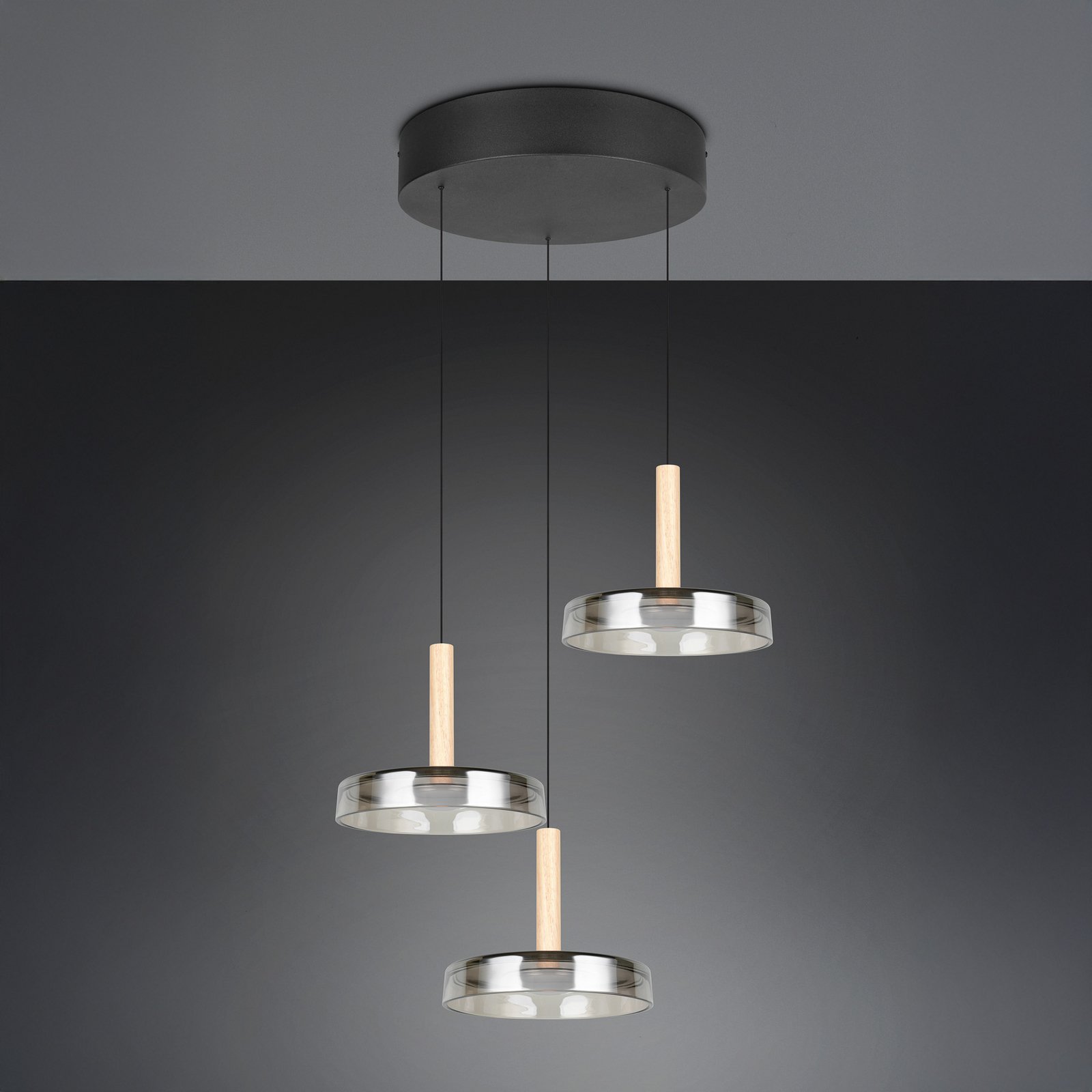 Suspension LED Celeste, chrome/bois, Ø 35 cm à 3 lampes. Verre à intensité