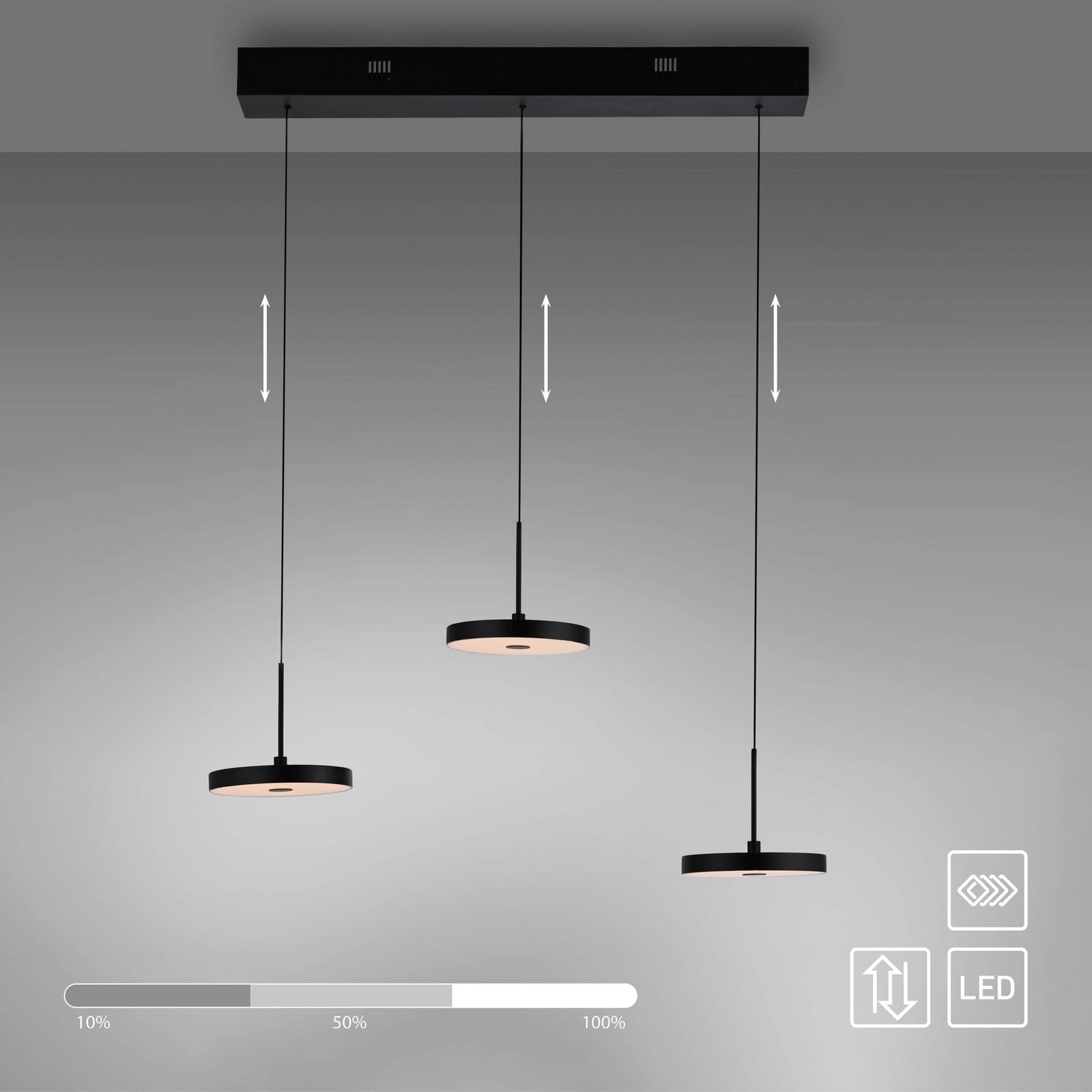 JUST LIGHT. LED-Hängeleuchte Plata, schwarz, 3-fl., 3.000 K