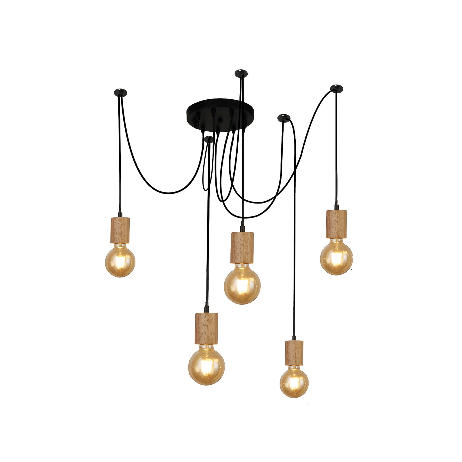 Suspension Spinny, araignée, Ø 28 cm, 5 lampes, bois de caoutchouc, E27