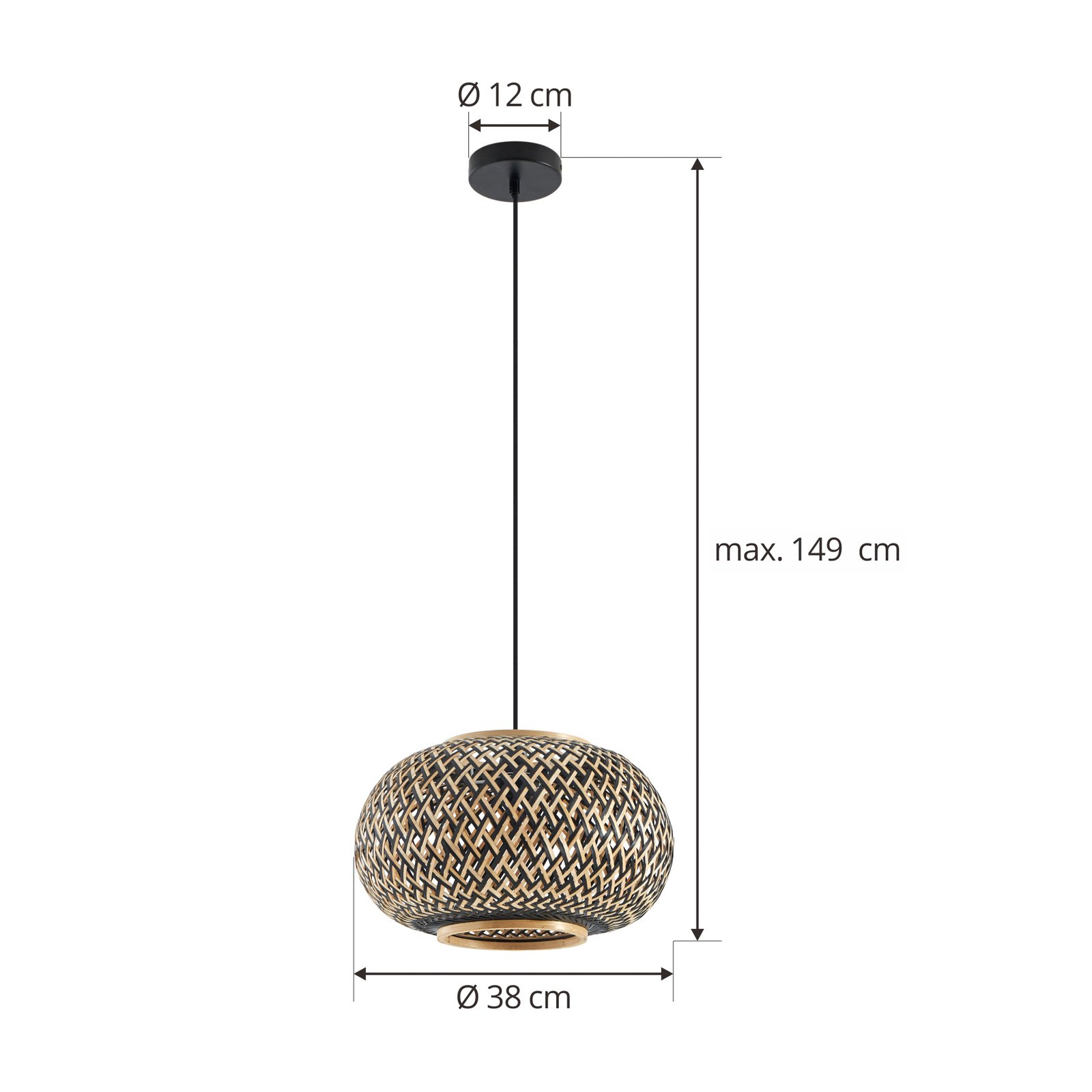 Lindby hanglamp Nerys, 1-lamp, zwart, bamboe, Ø 38 cm