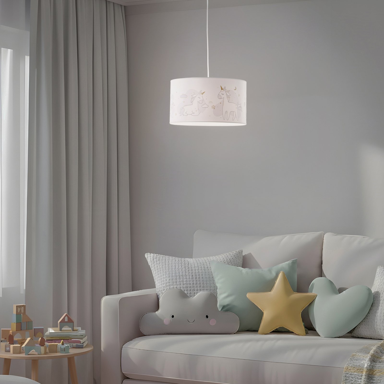 Suspension Mila, Ø 35 cm, blanc, tissu, licornes, E27