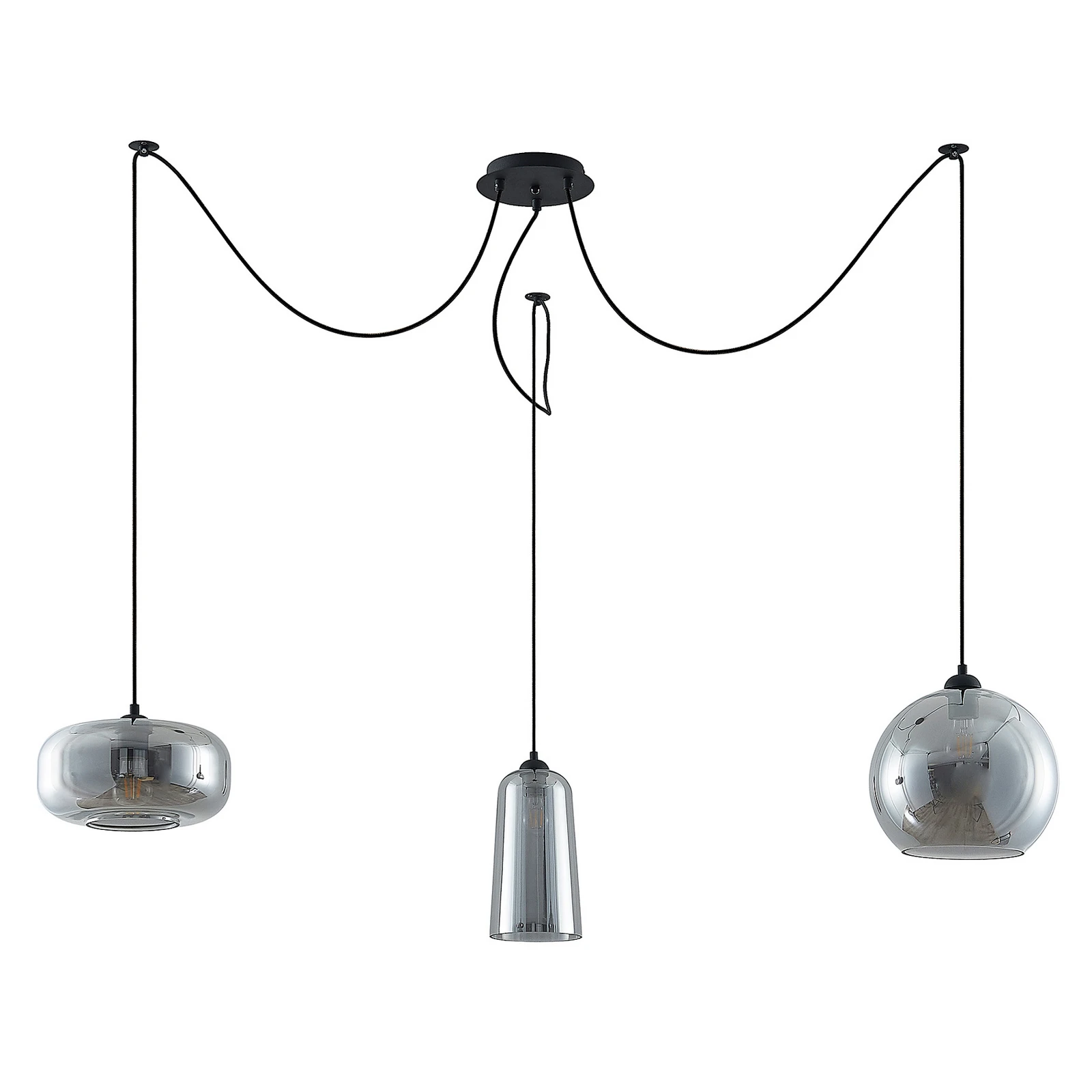 Hanglamp Lucande Zyli, 3-lamps, rookgrijs, glas