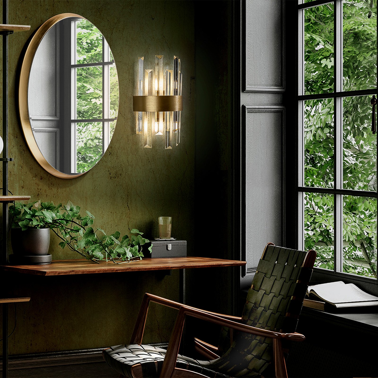 Grace vegglampe, 2 lyskilder, gullfarget, jern, glass