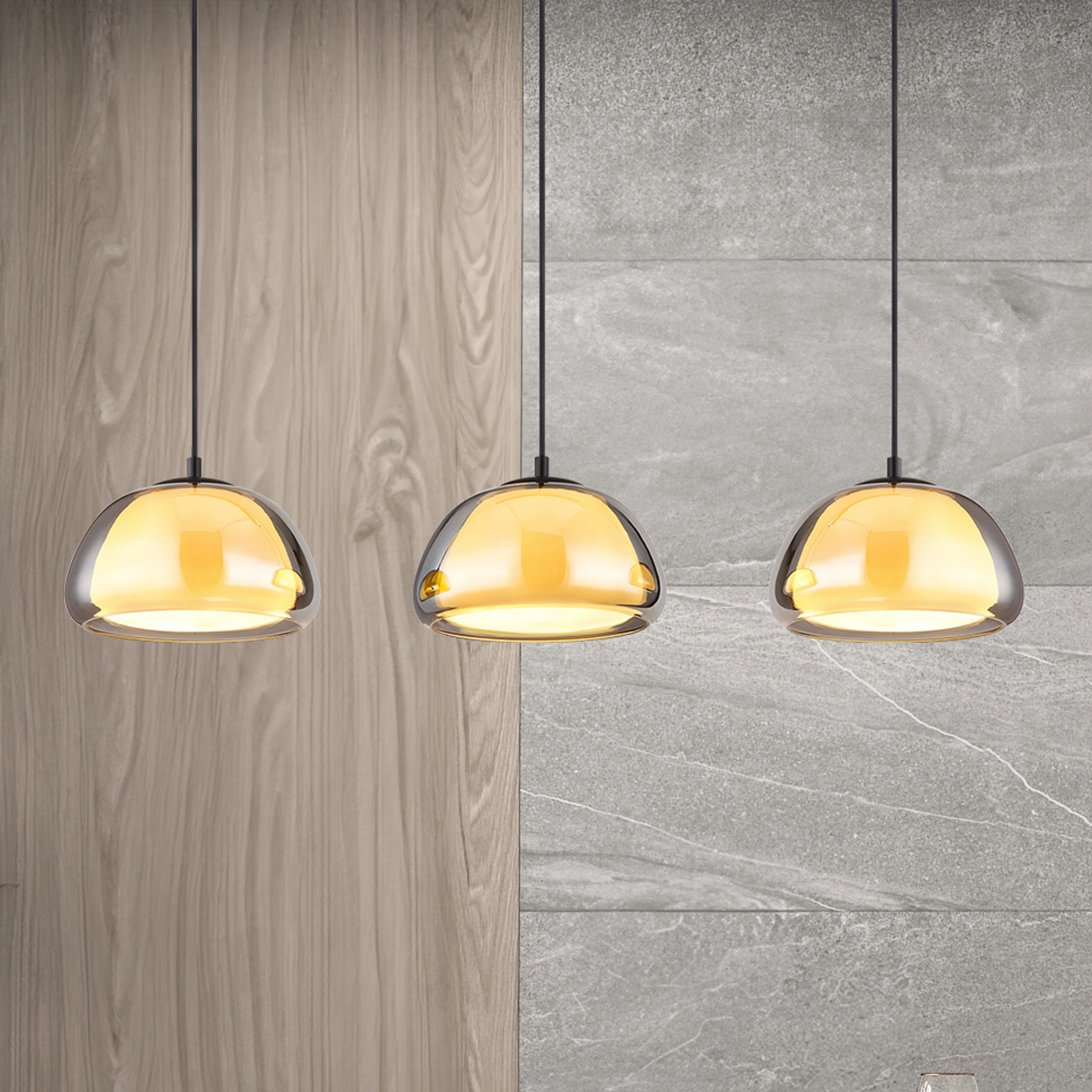Suspension Jella, longueur 95 cm, gris fumé, 3 lampes, verre