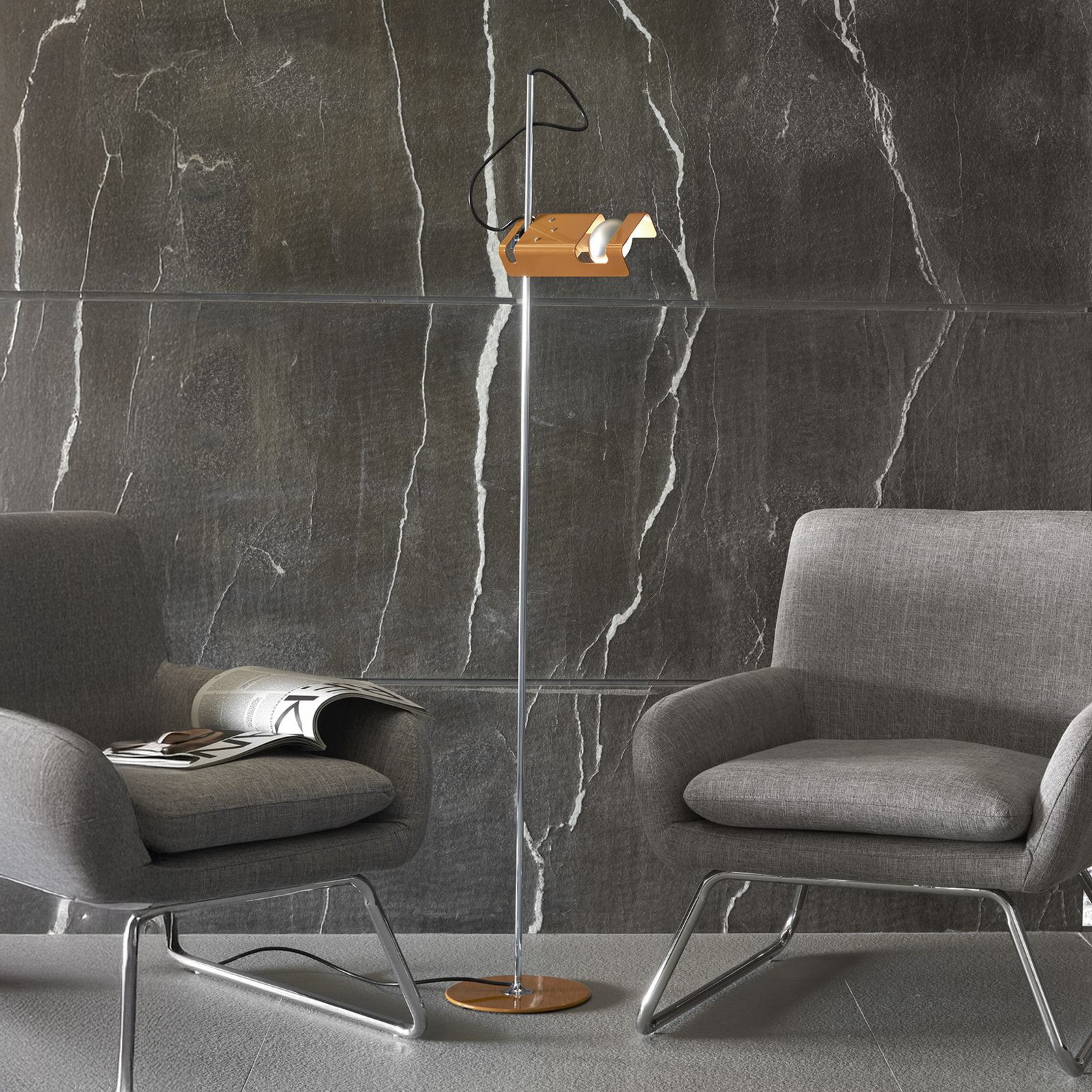 Oluce Spider floor lamp, mustard yellow/chrome, metal, aluminium