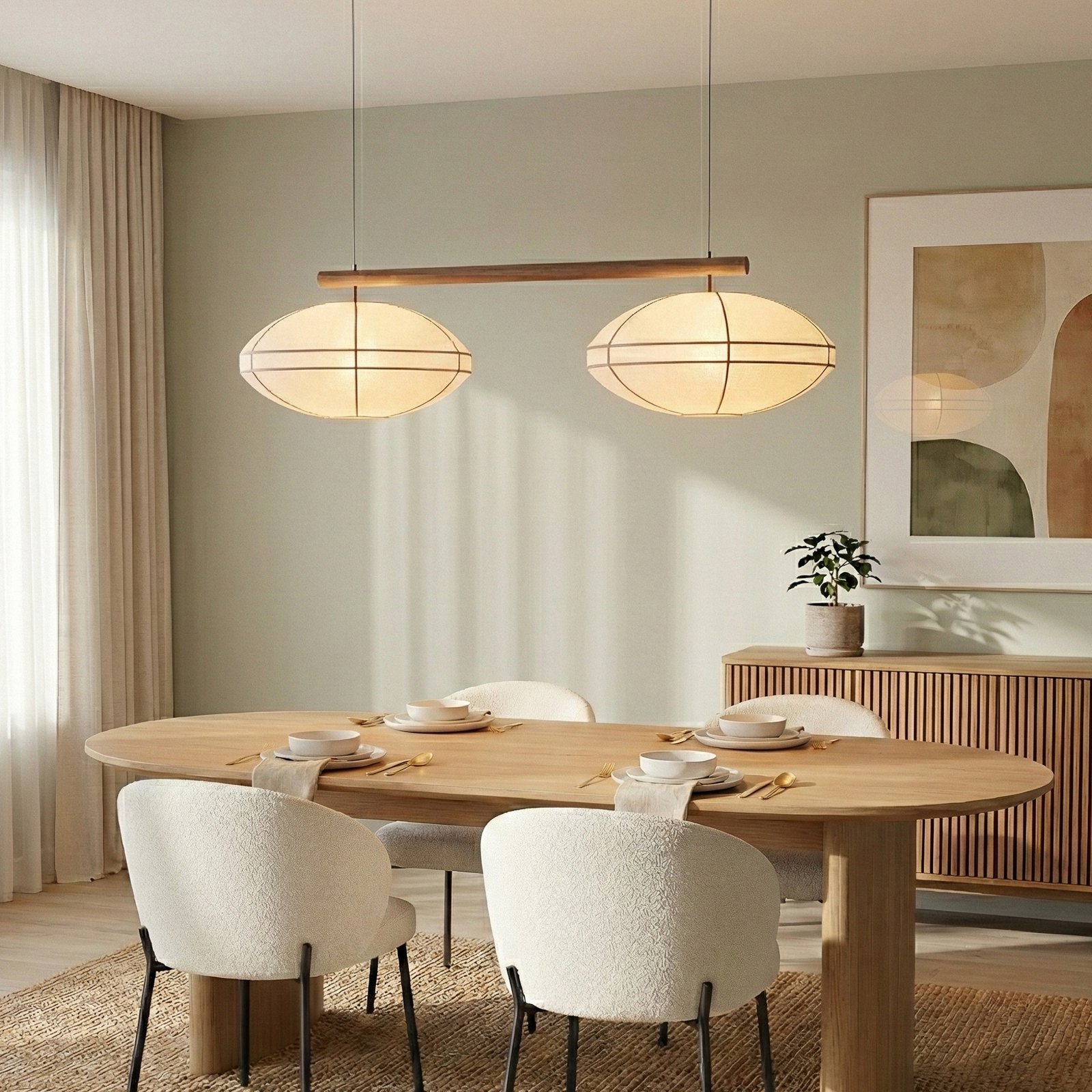 Lucande piekaramā lampa Eria, balta, audums/koks, 2 spuldzes, 117 cm