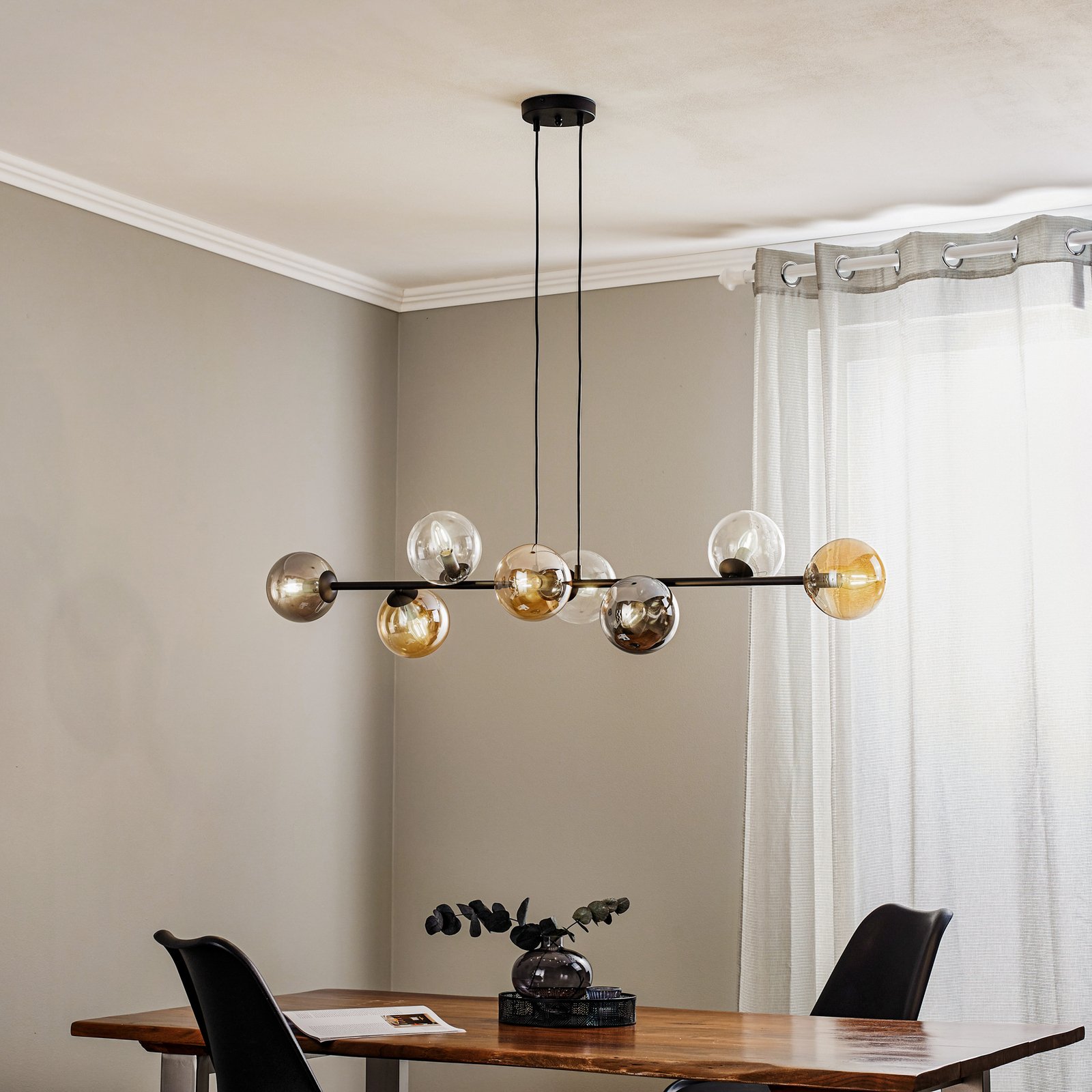 Glassy pendant light, 8-bulb, black, graphite/amber/clear