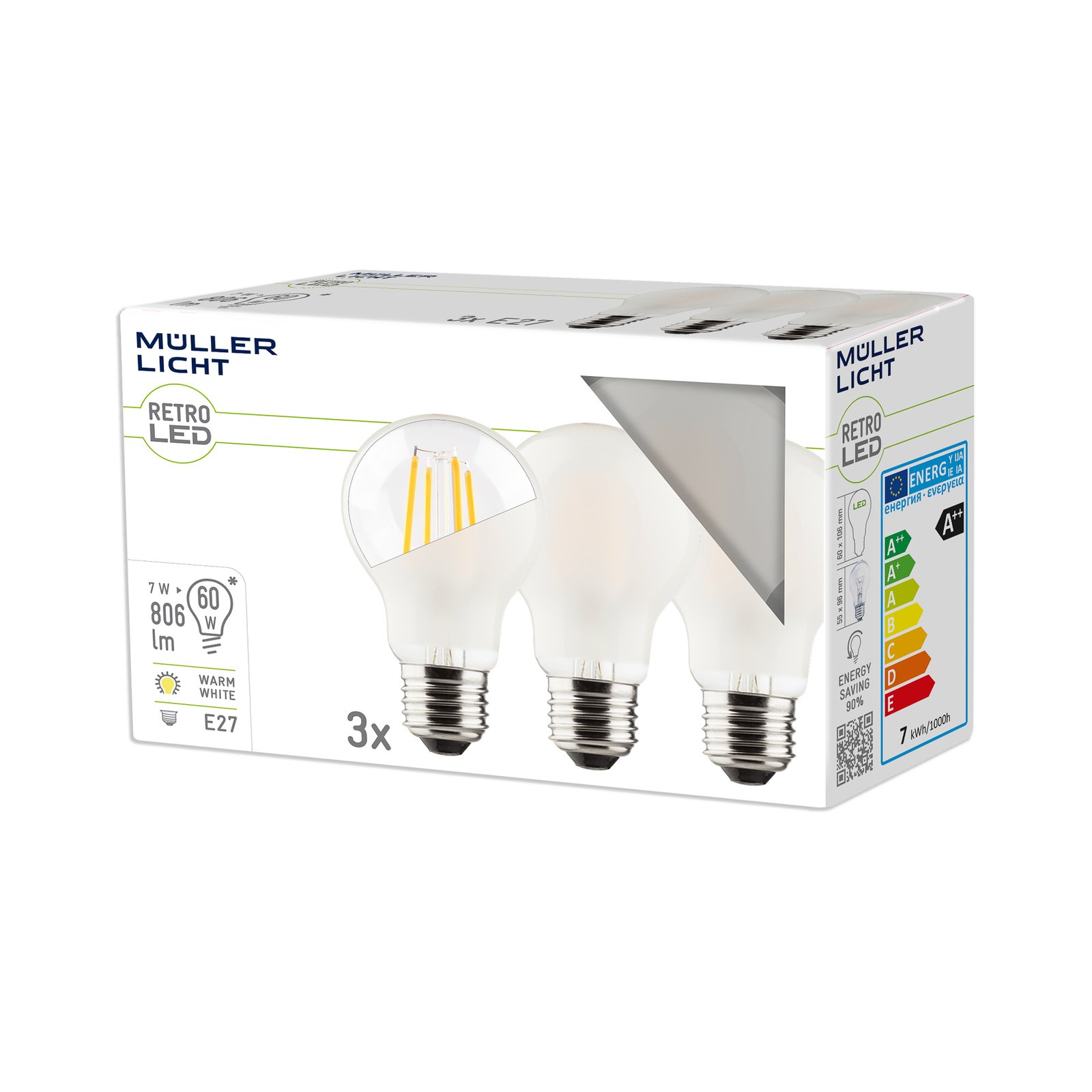 Müller licht LED lamp E27 7W 827 mat 3 per pak