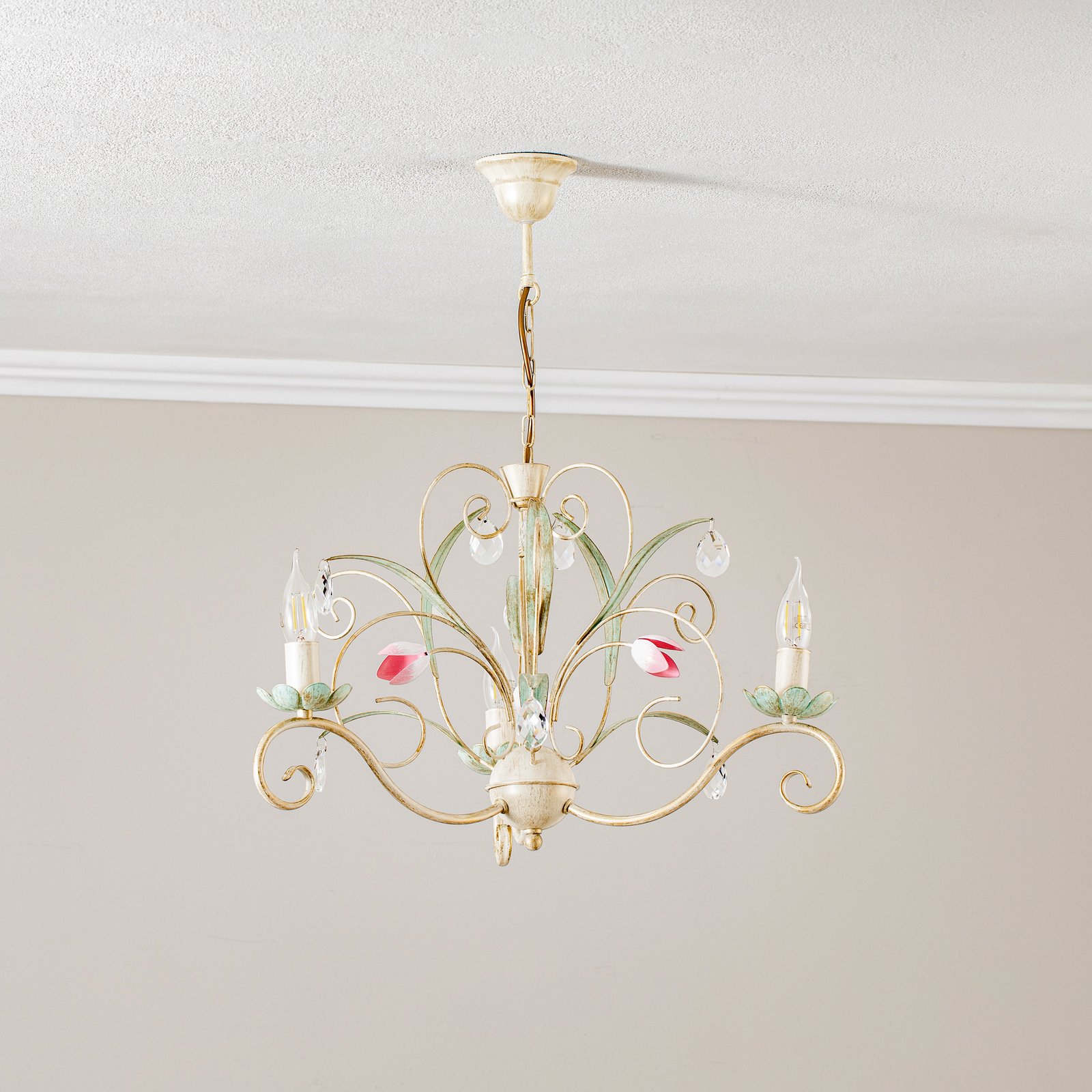 Florina chandelier with floral decor, 3-bulb