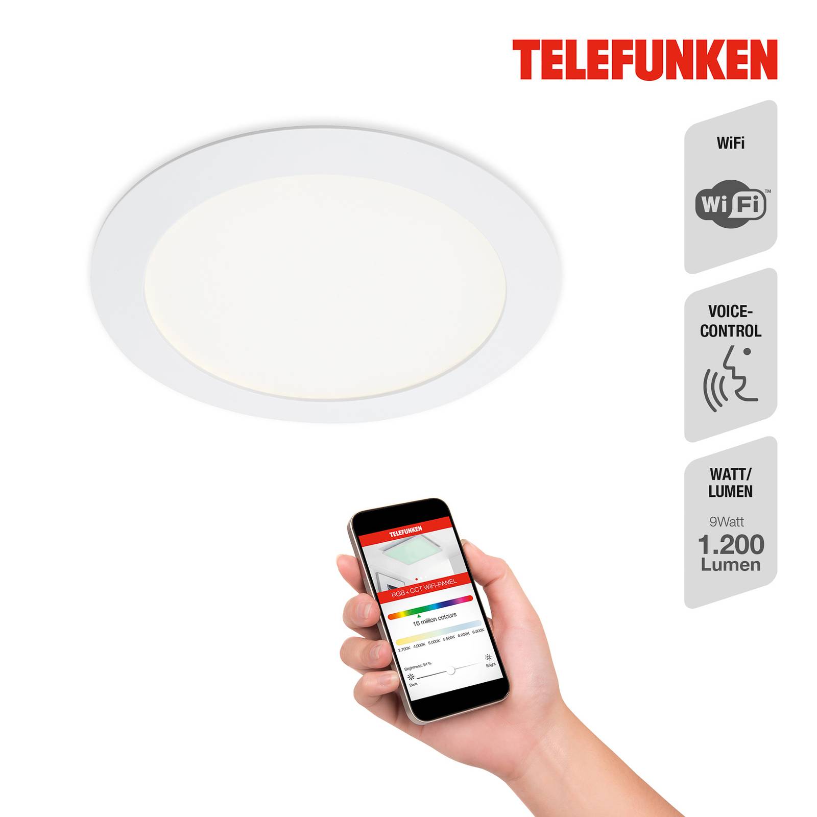 Telefunken Virgo LED recessed light, RGBW, white, Ø 17 cm
