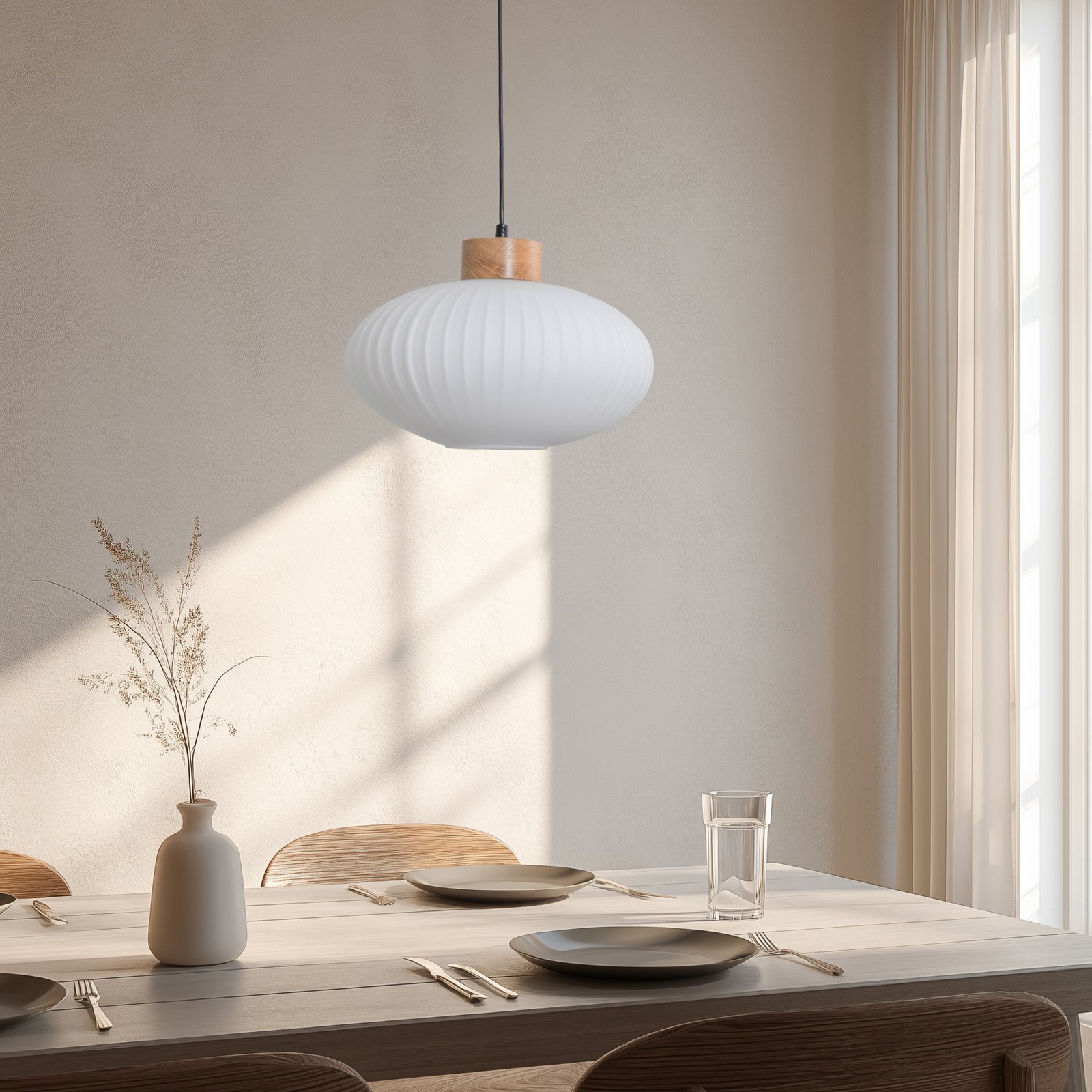 Hengelampe Harmony, Ø 25 cm, hvit/eik, glass/tre