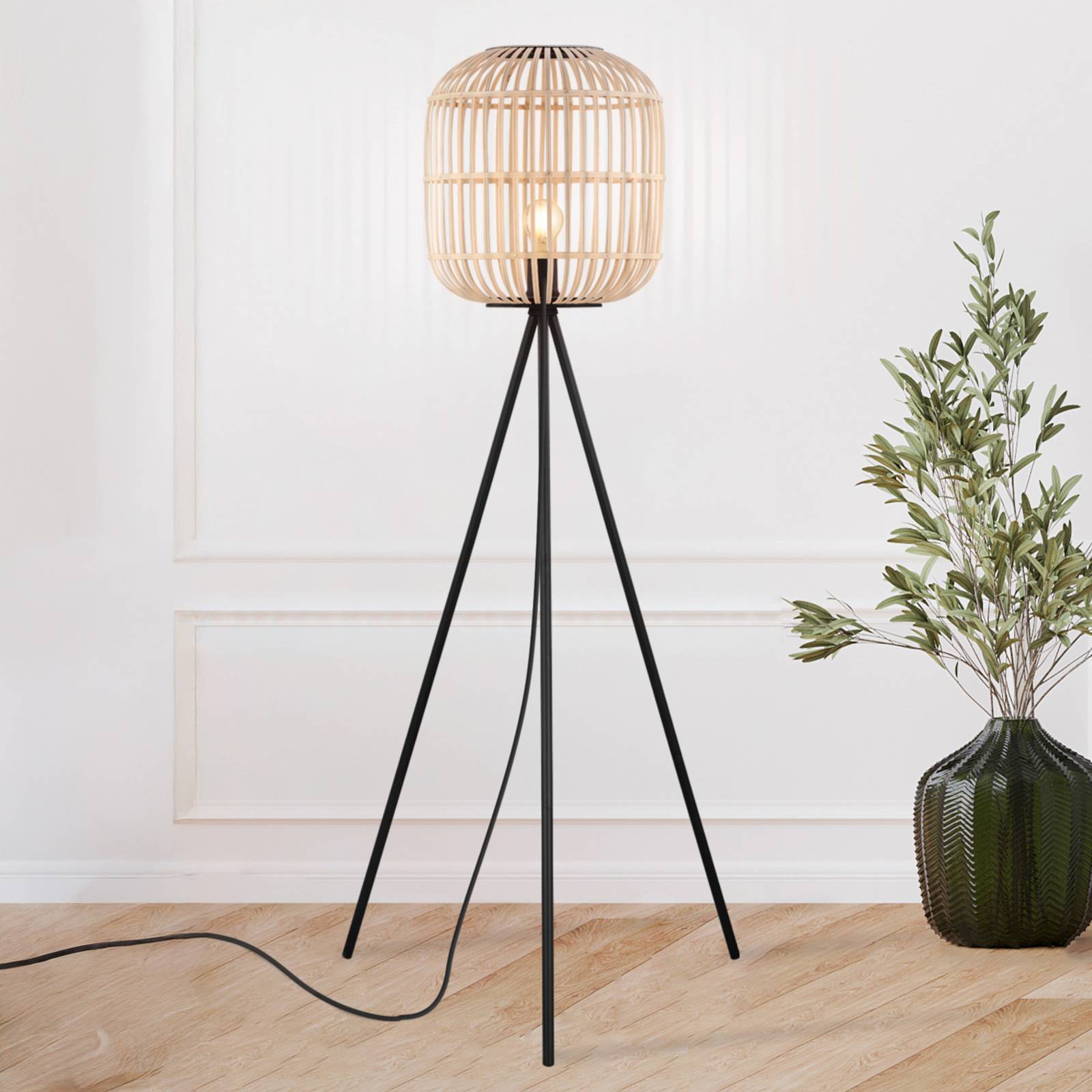 EGLO Bordesley stolní lampa, třínožka, dřevěné stínidlo