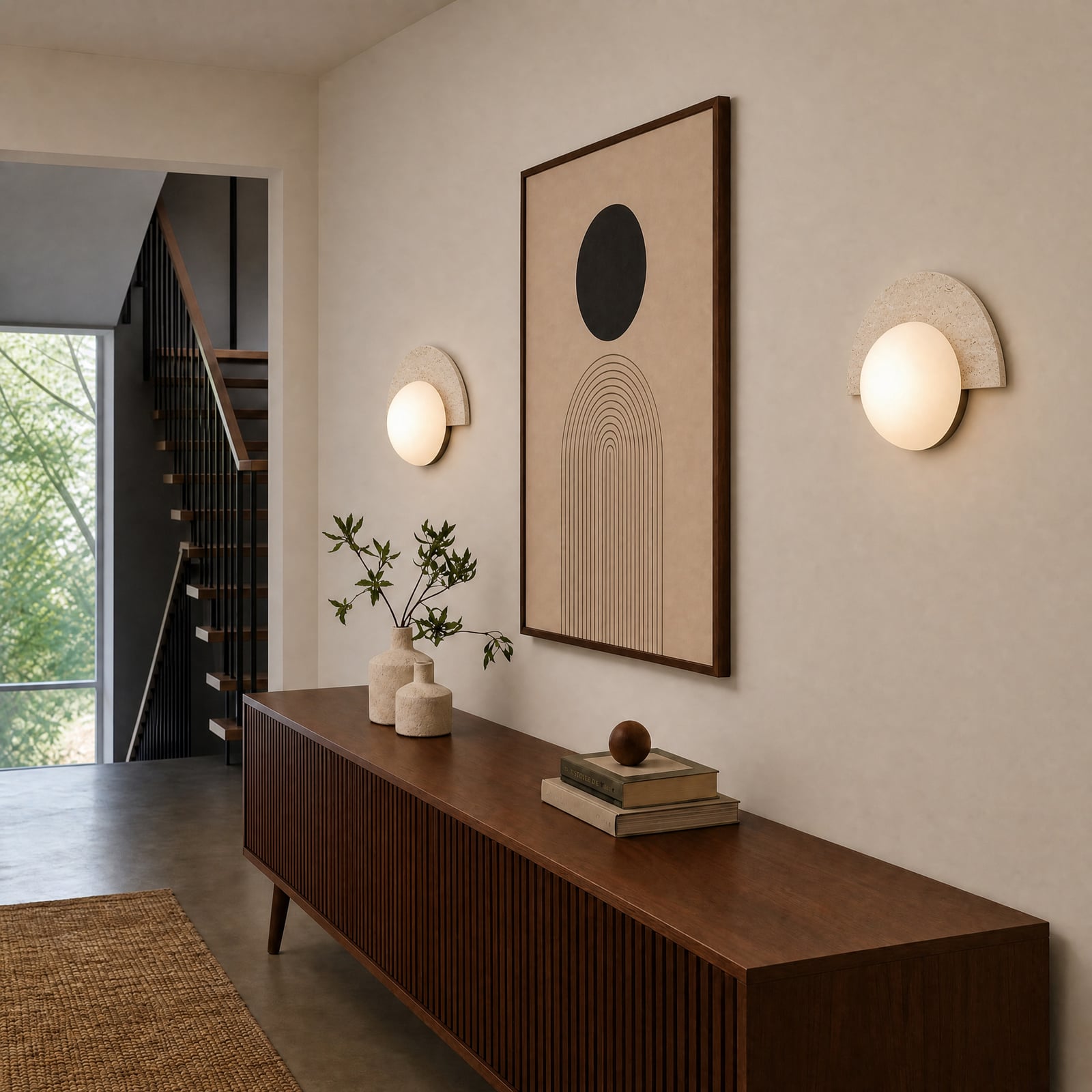 Lucande Larissa LED wall light, 28 cm, beige, travertine glass