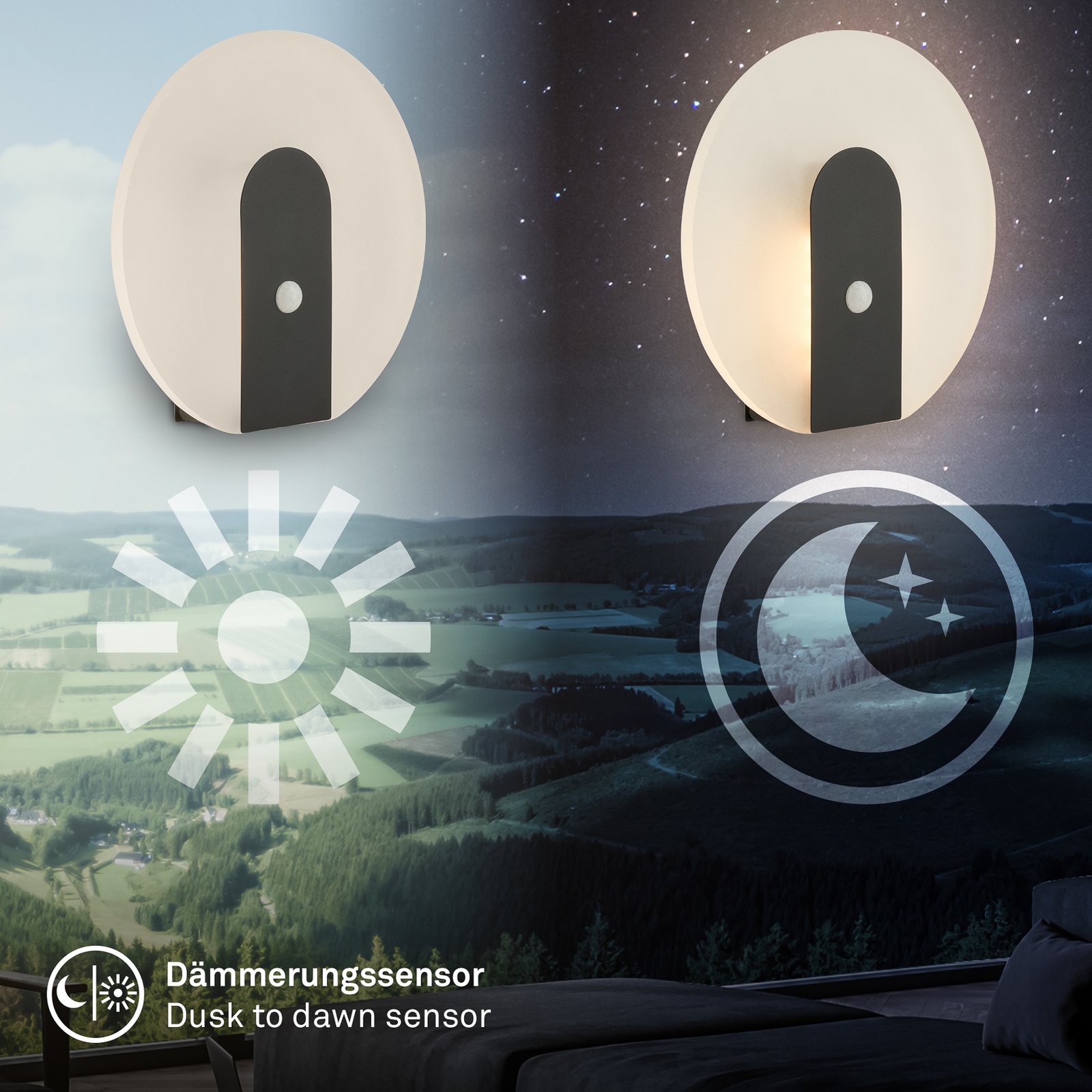 Candeeiro de parede LED recarregável Taro, preto mate, Ø 15 cm, sensor