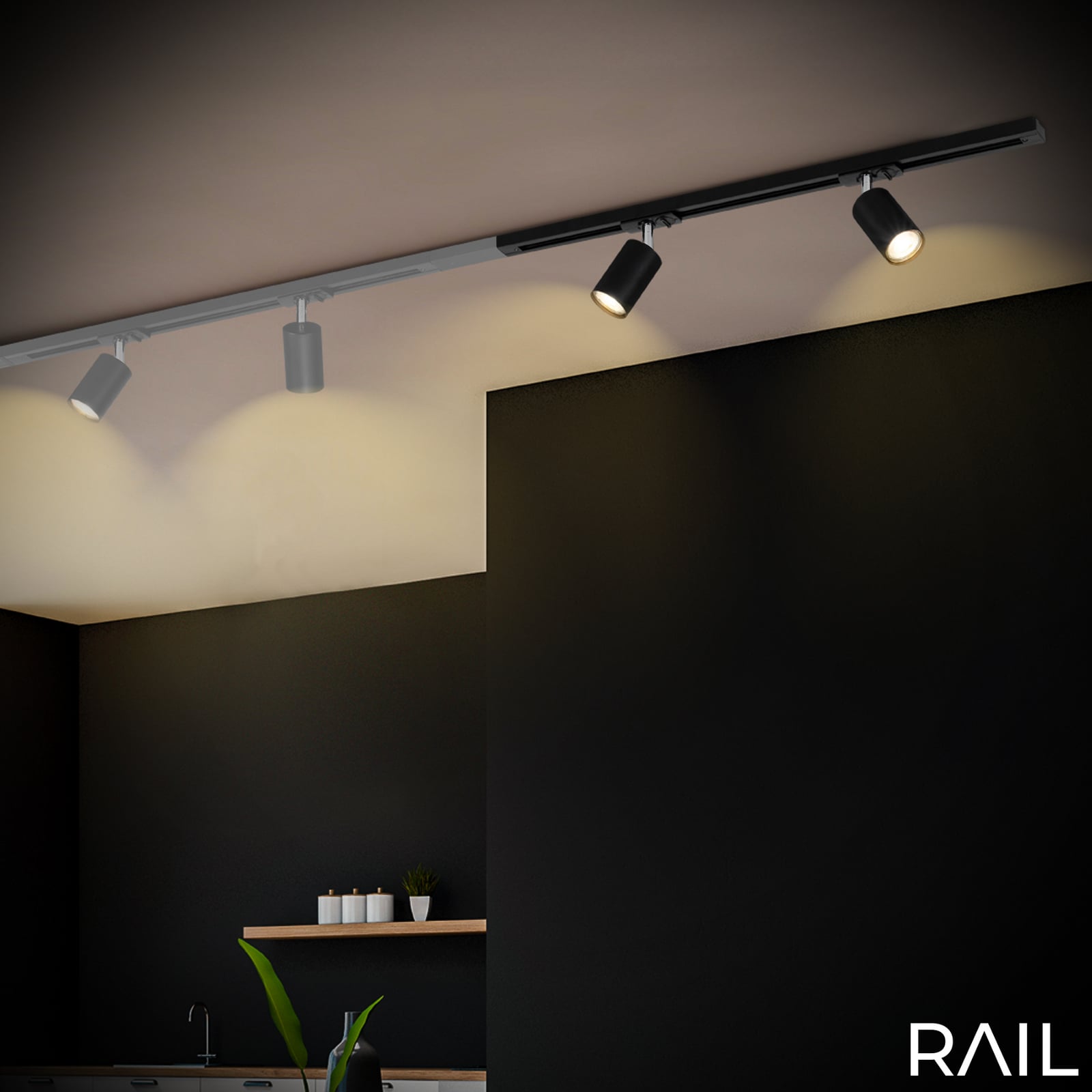 Kiskojärjestelmän laajennus, musta, 80 cm kisko, 2 spotti