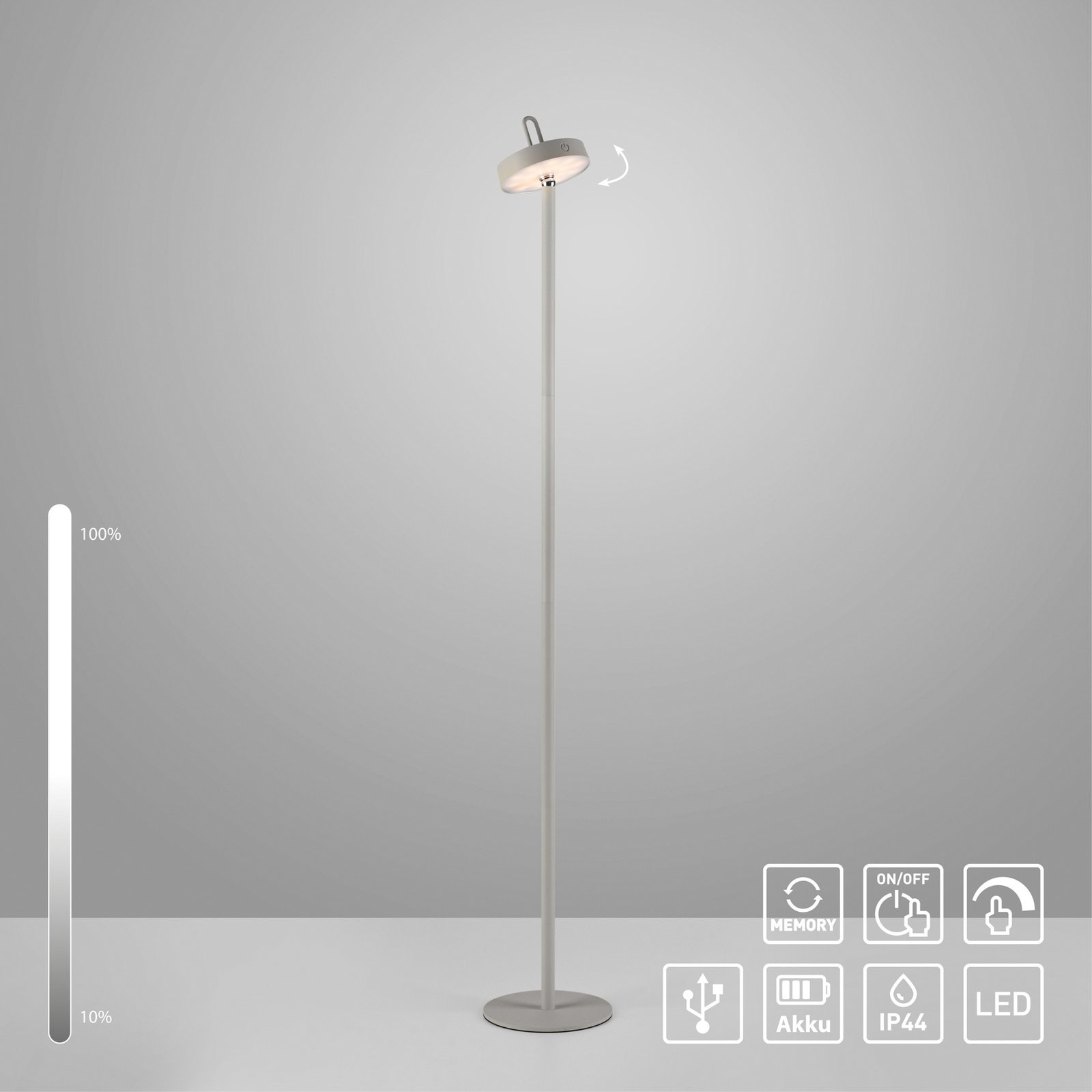 JUST LIGHT. Nabíjecí stojací lampa Amag LED, šedobéžová žehlička IP44