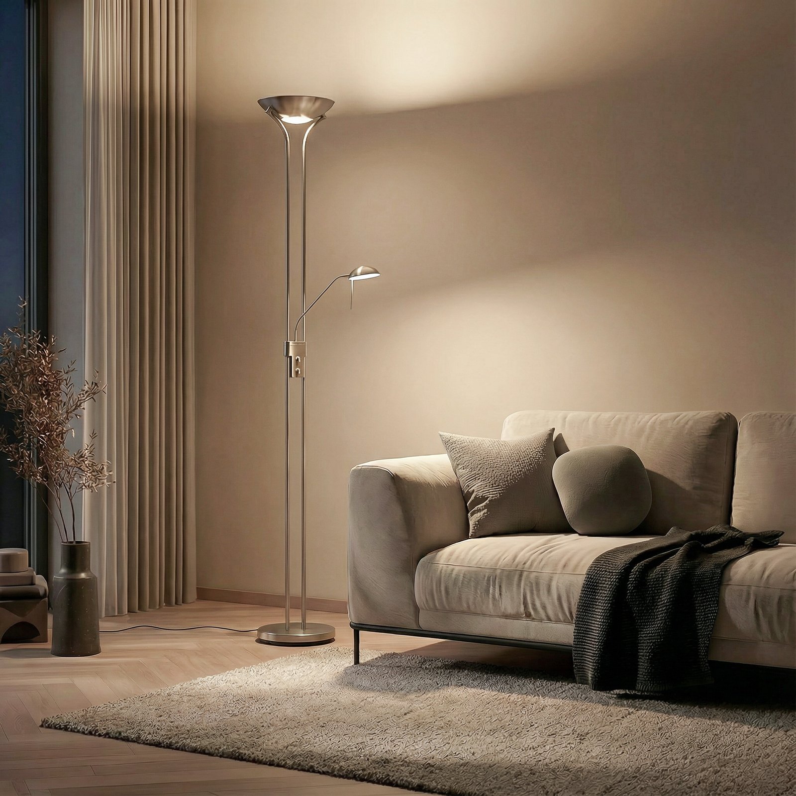 Lindby LED vloerlamp Josefin, nikkel, leeslampje, dimbaar Lindby LED vloerlamp Josefin, nikkel, leeslampje, dimbaar