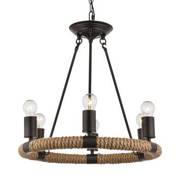 Ulleu round LED pendant lamp, hemp rope, 6-bulb