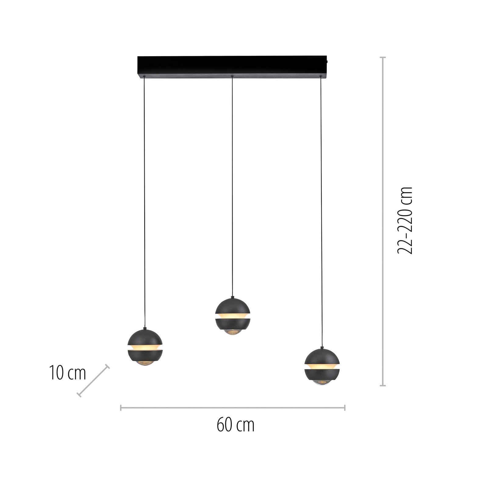 Schöner Wohnen LED závěsné světlo Lini černá 3-ramenná dlouhá 3 000 K