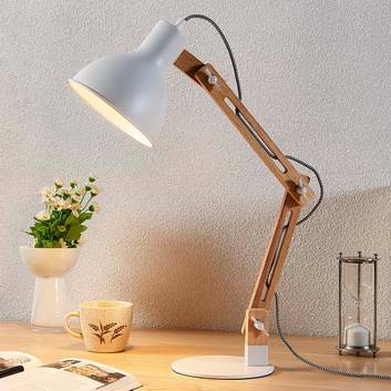 Lámpara de mesa Shivanja madera, pantalla blanca