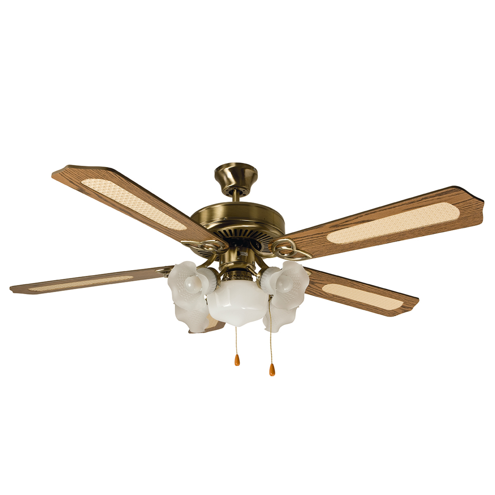 Perenz FIORITO ceiling fan, 5-bulb, antique brass, for Living / Dining Room, metal, satin glass, wood, E27, 60 W, energy efficiency: A++, H: 52 cm