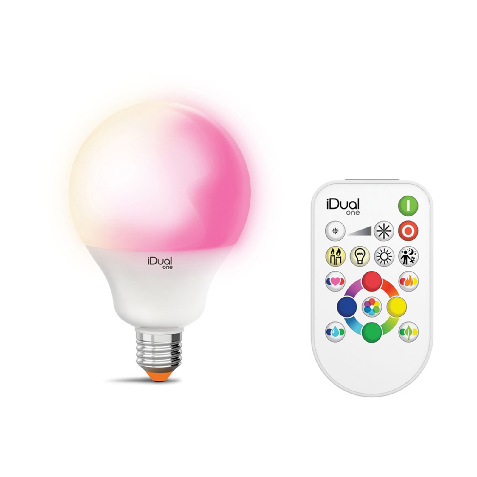 iDual One globe E27 G100 12 W RGBW, remote control, plastic, E27, 12 W, energy efficiency: A+, L: 15.5 cm