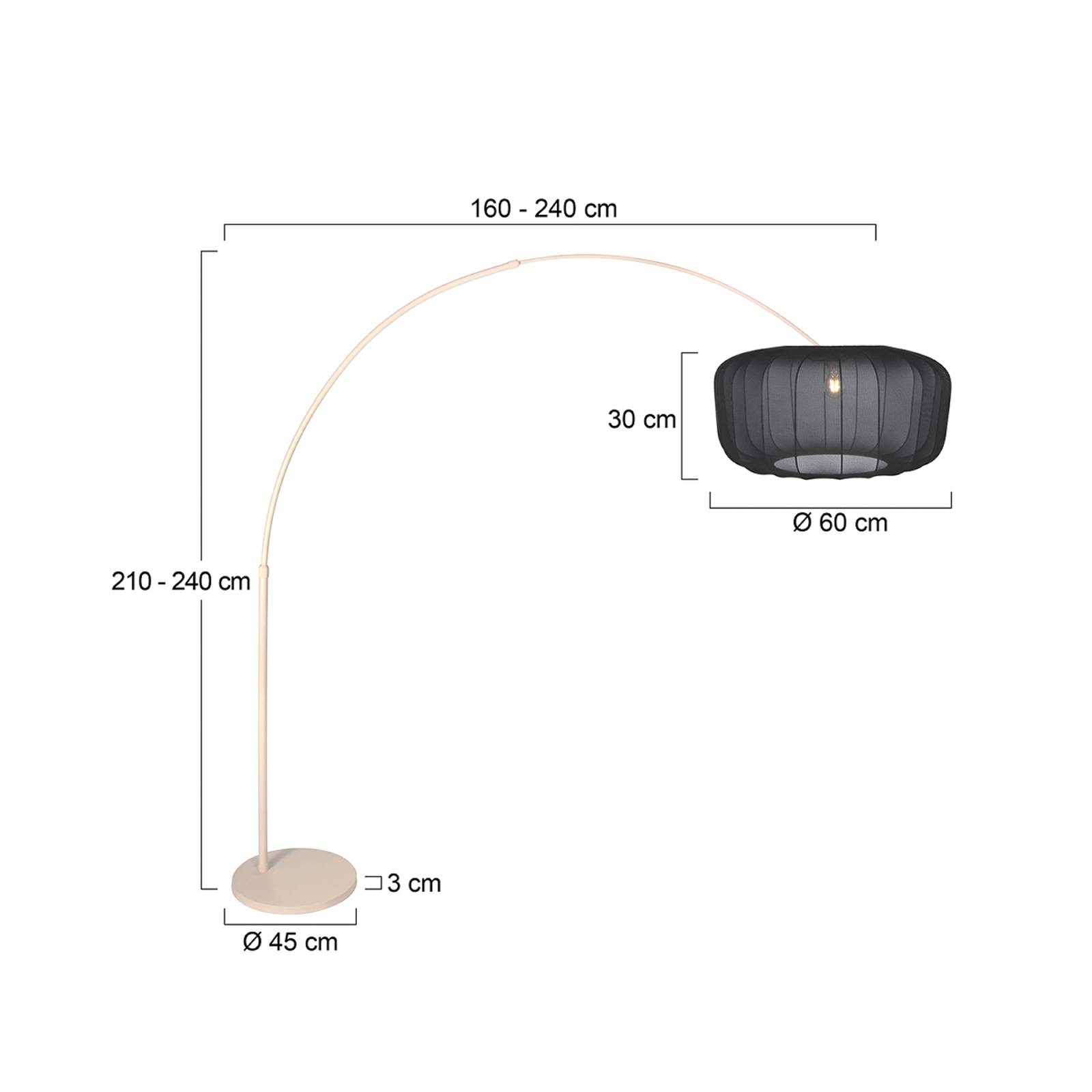 Kaareva lattiavalaisin Sparkled Light, kermanvärinen/musta nailon, 240 cm