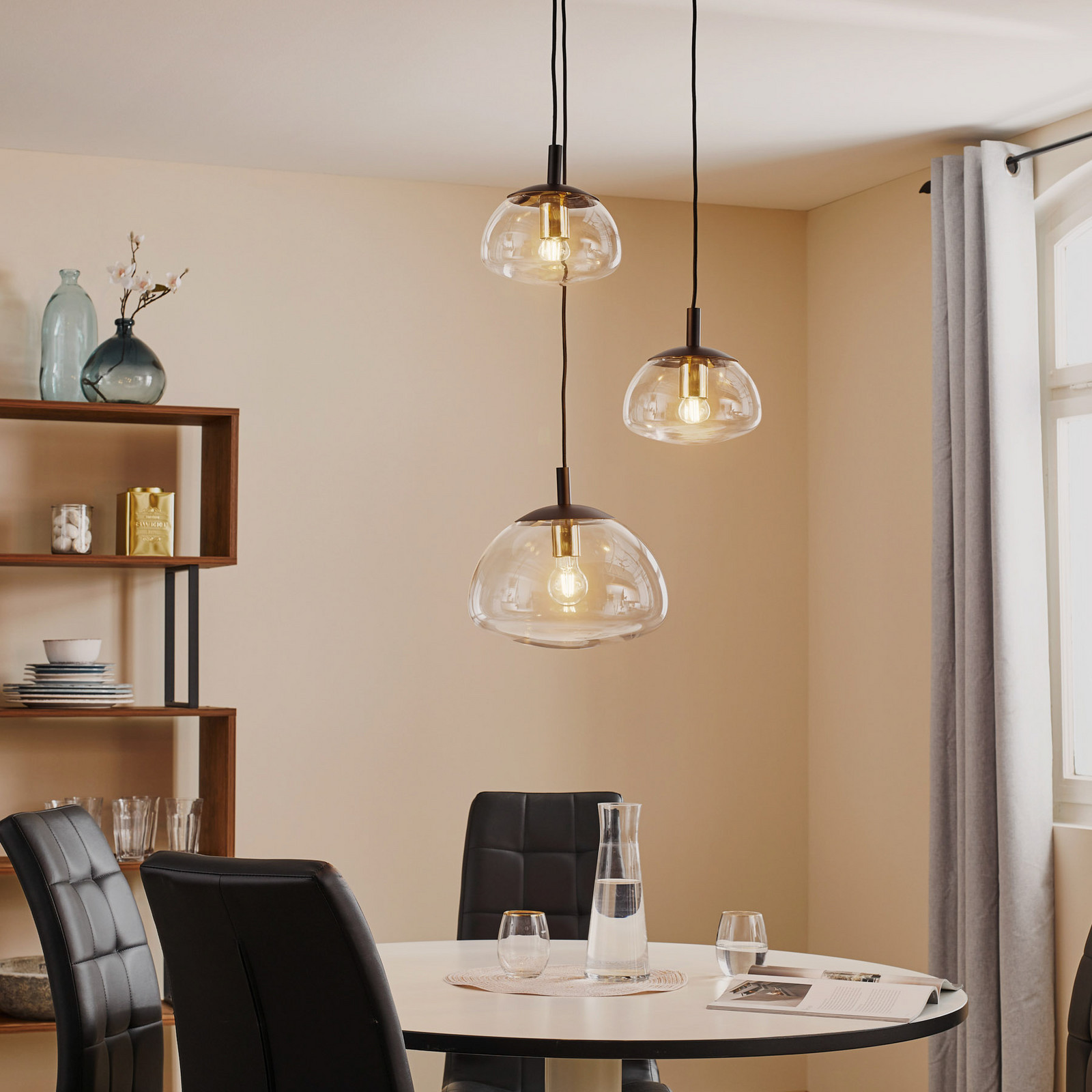 Euluna Lampă suspendată Turku cu 3 becuri rotundă transparentă/neagră - Camera de zi / sufragerie - Modern - transparent negru alamă - Sticlă