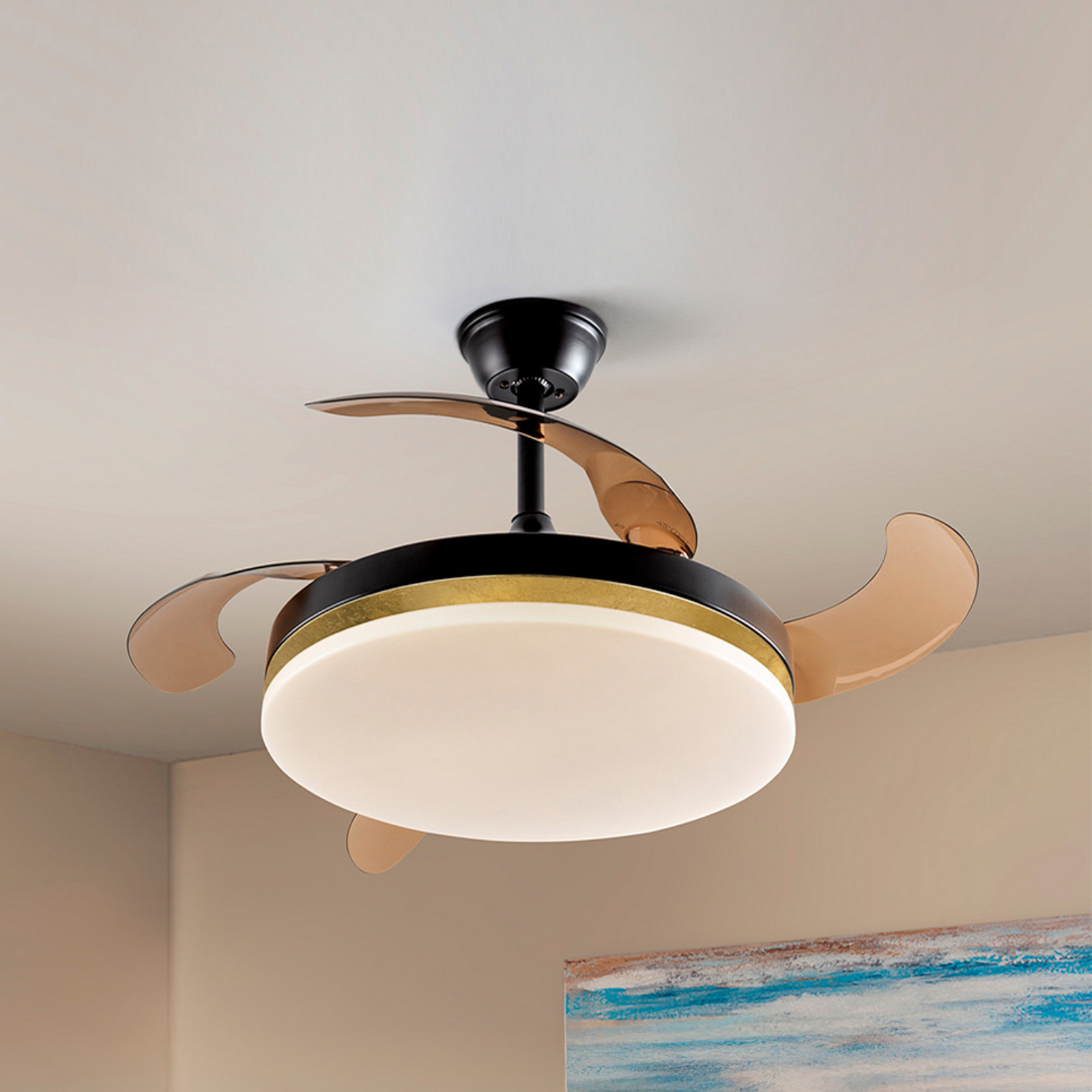 LED stropni ventilator Vento črn/zlati/dimast Ø 100 cm tih