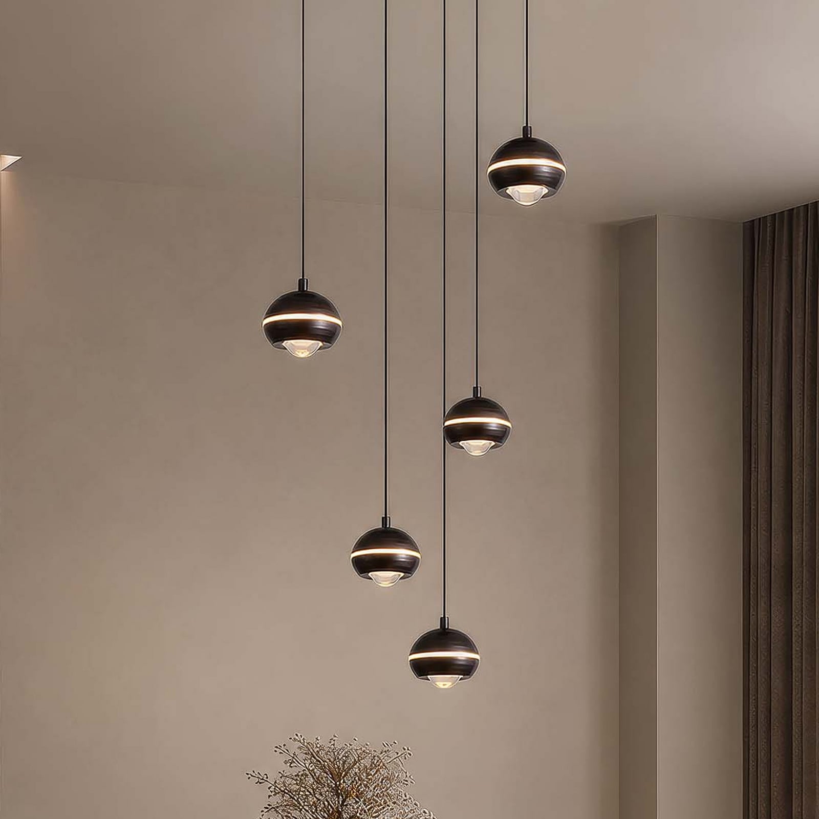 LED-Hängelampe Meteor 5-fl. rund CCT, nickel schwarz, Metall
