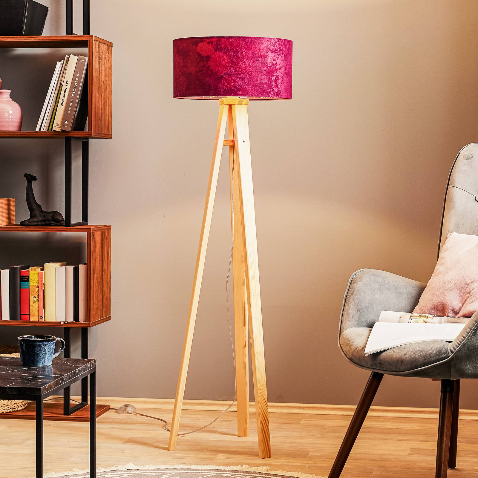Euluna Savanna velvet floor lamp, print on the inside, for Living / Dining Room, wood, fabric, E27, 60 W, H: 140 cm