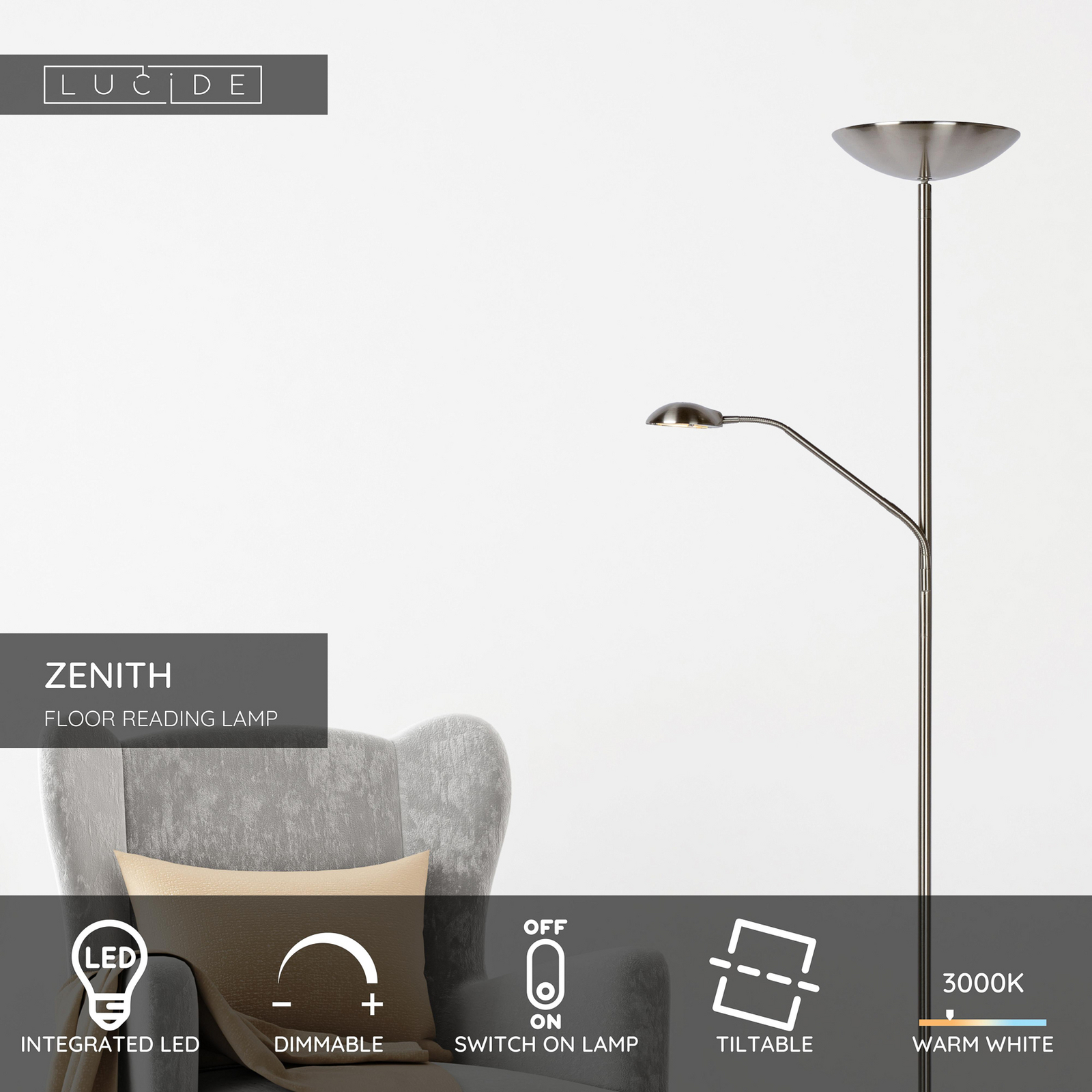 Lámpara de pie LED ZENITH, cromada, 2 luces. Altura: 180 cm. Metal atenuable Lámpara de pie LED ZENITH, cromada, 2 luces. Altura: 180 cm. Metal atenuable