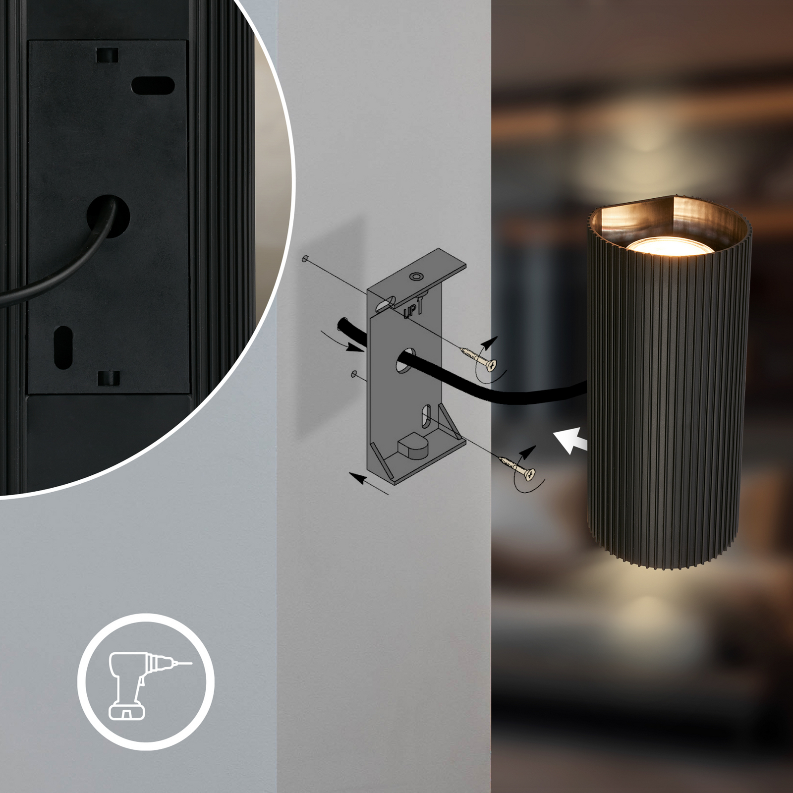 Aplique de pared Ida, negro, plástico, Ø 8,5 cm, GU10 Aplique de pared Ida, negro, plástico, Ø 8,5 cm, GU10