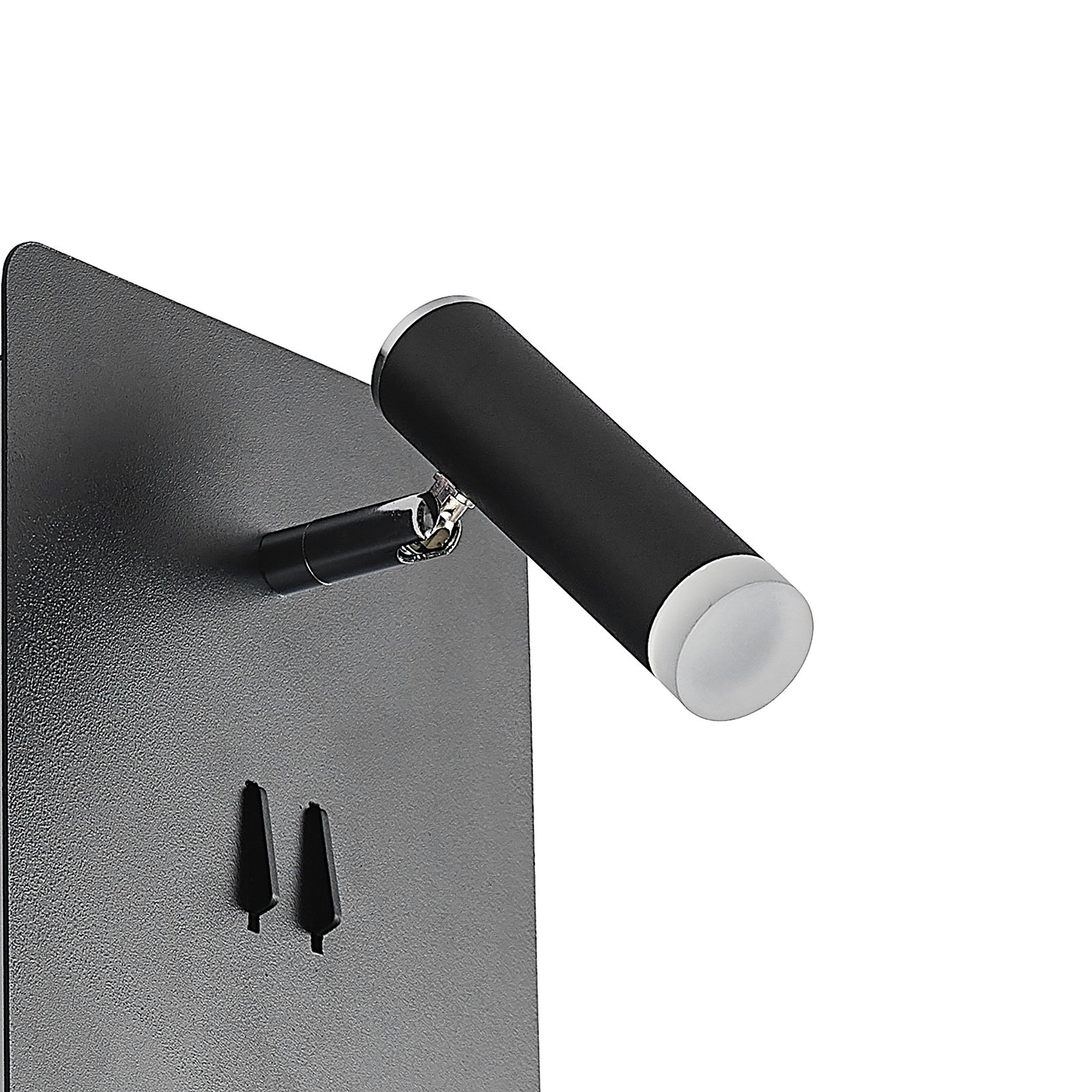 Lucande LED fali spotlámpa Zavi, fekete, dugalj, polc, USB