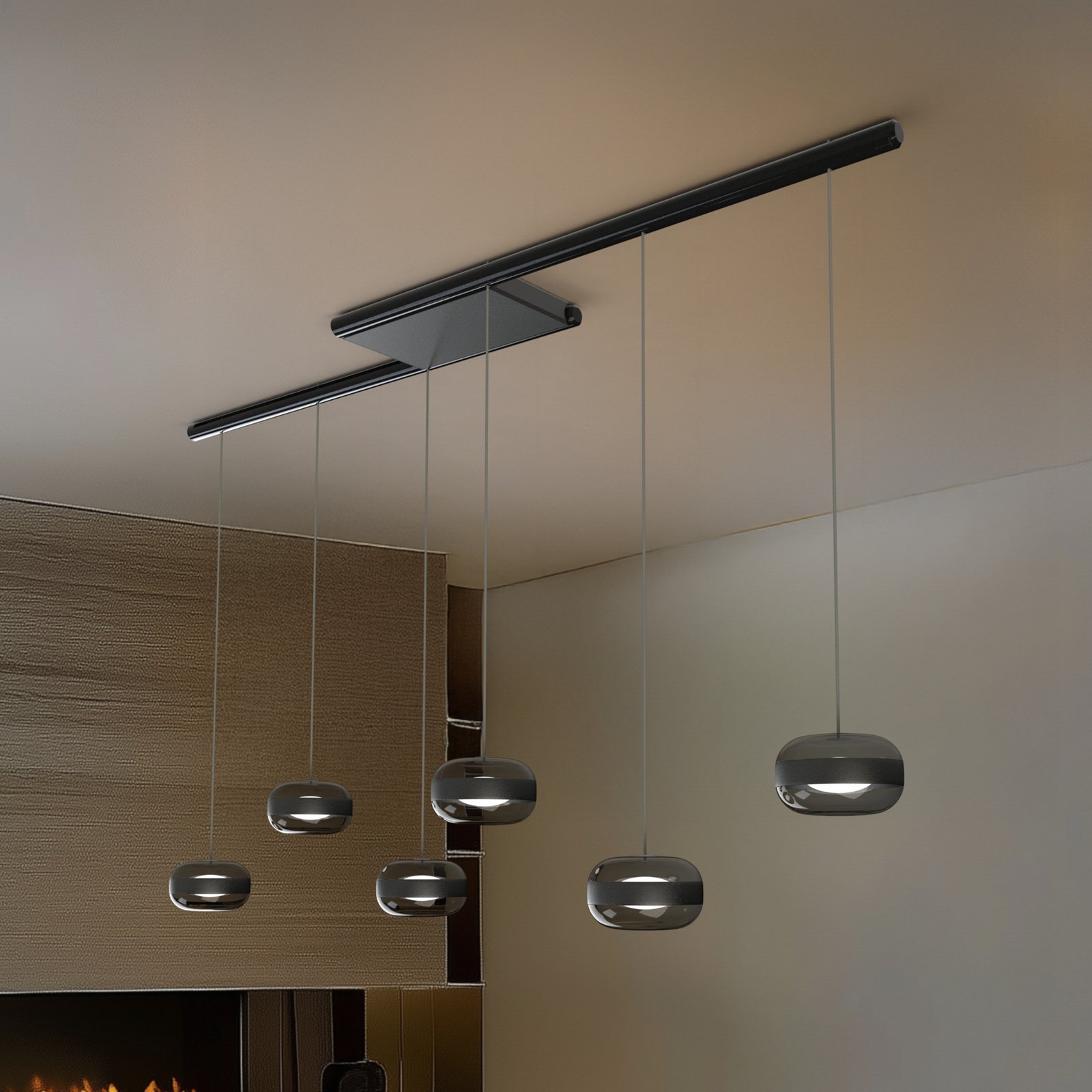 Lucande LED hanglamp Auro, zwart, glas, 6-lamps