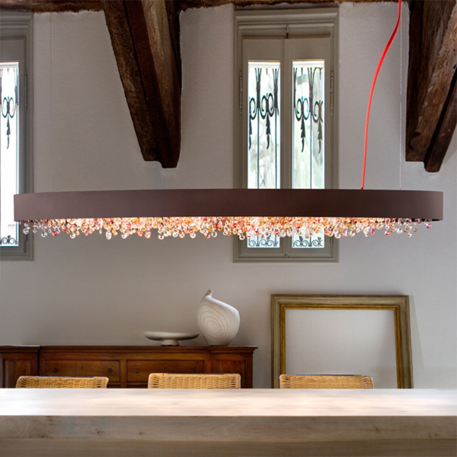 Masiero Oval hanging light Ola S4 OV100, warm bronze, for Living / Dining Room, metal, glass, E14, 40 W, energy efficiency: A++, L: 100 cm, W: 13 cm, H: 20 cm