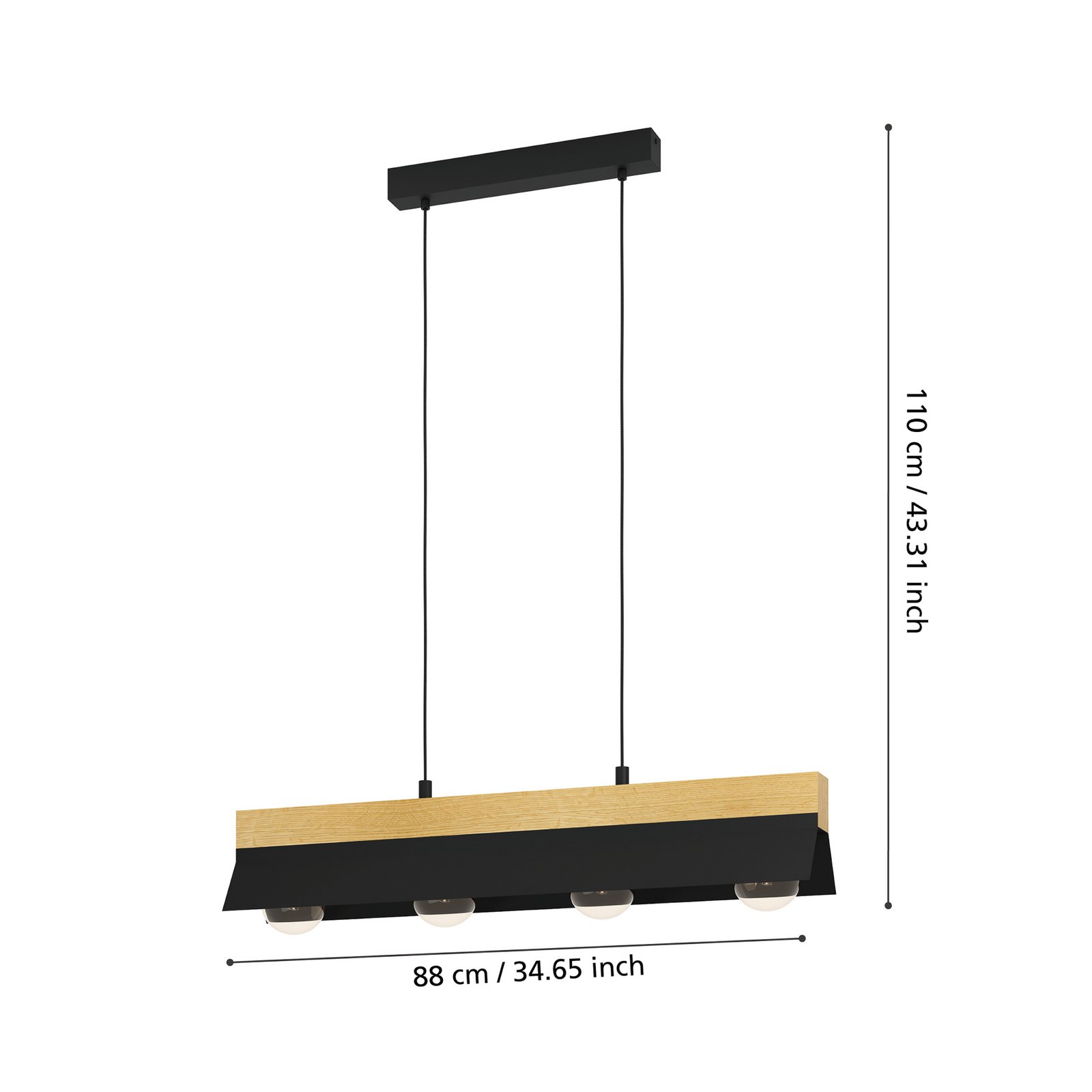 Tarrafo viseća lampa crna, prirodno drvo, 4 svjetla