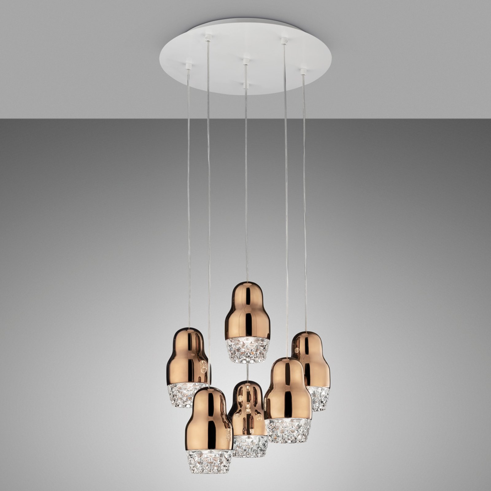 Six-bulb LED hanging lamp Fedora rose gold