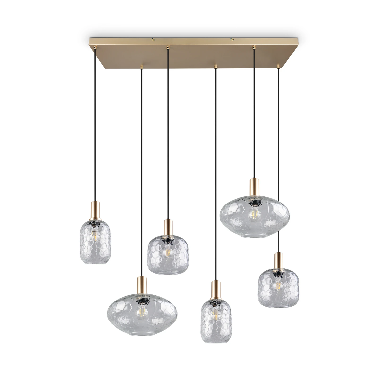 Hängelampe Emelie, 6-fl., goldfarben/klar, Metall, Glas, E27