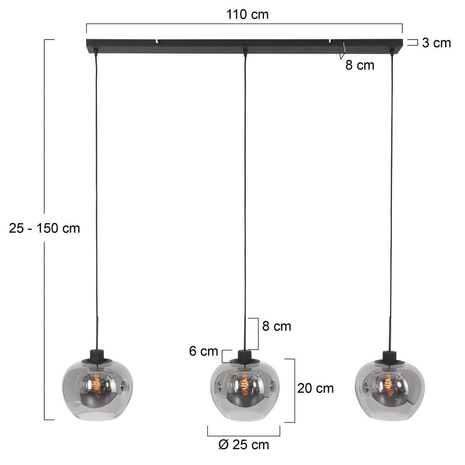 Suspension Lotus, noir, à 3 lampes, poutre, métal, verre