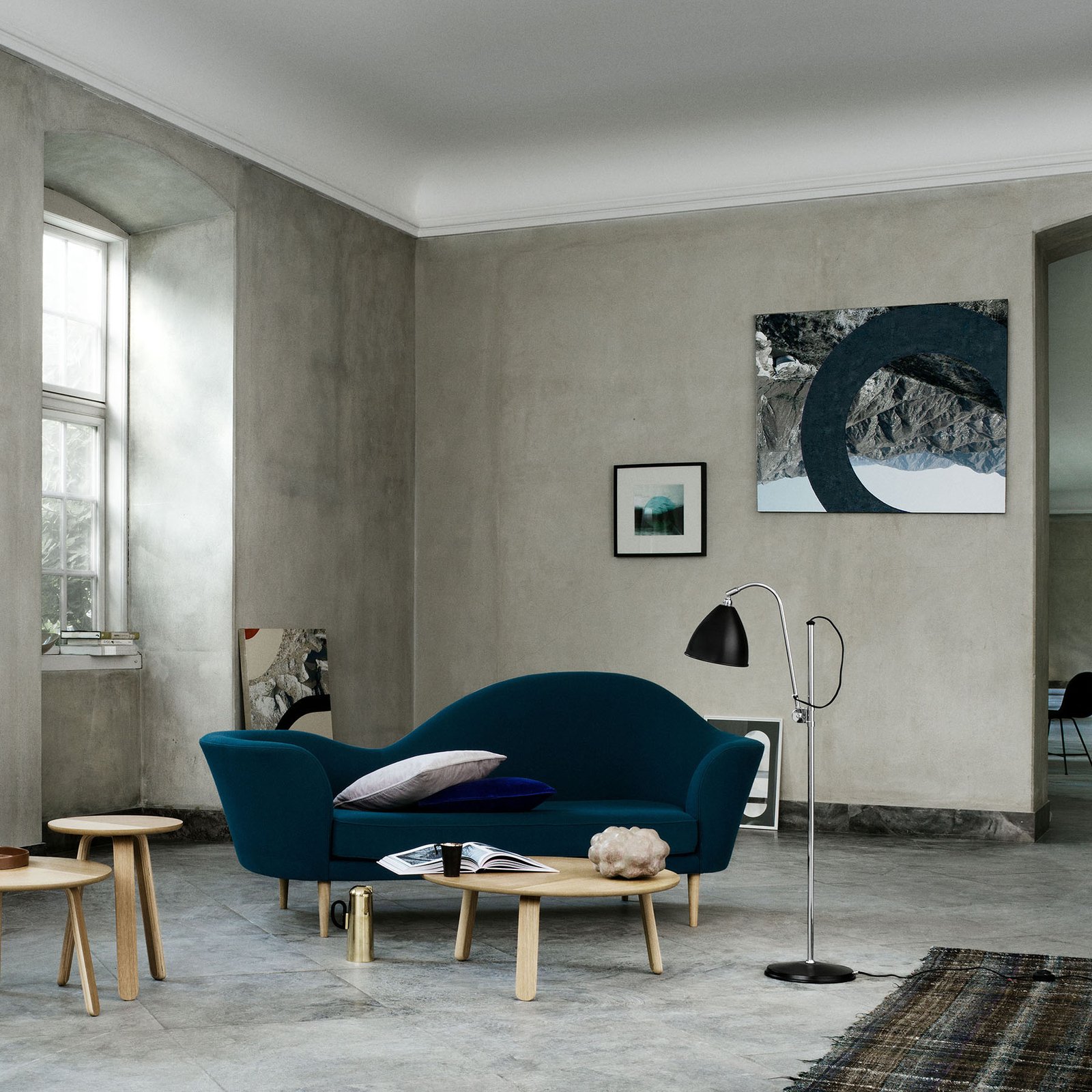 GUBI Bestlite BL3 floor lamp Ø 16 cm, chrome/black, for Living / Dining Room, metal, E14, 28 W, energy efficiency: A++, H: 151 cm