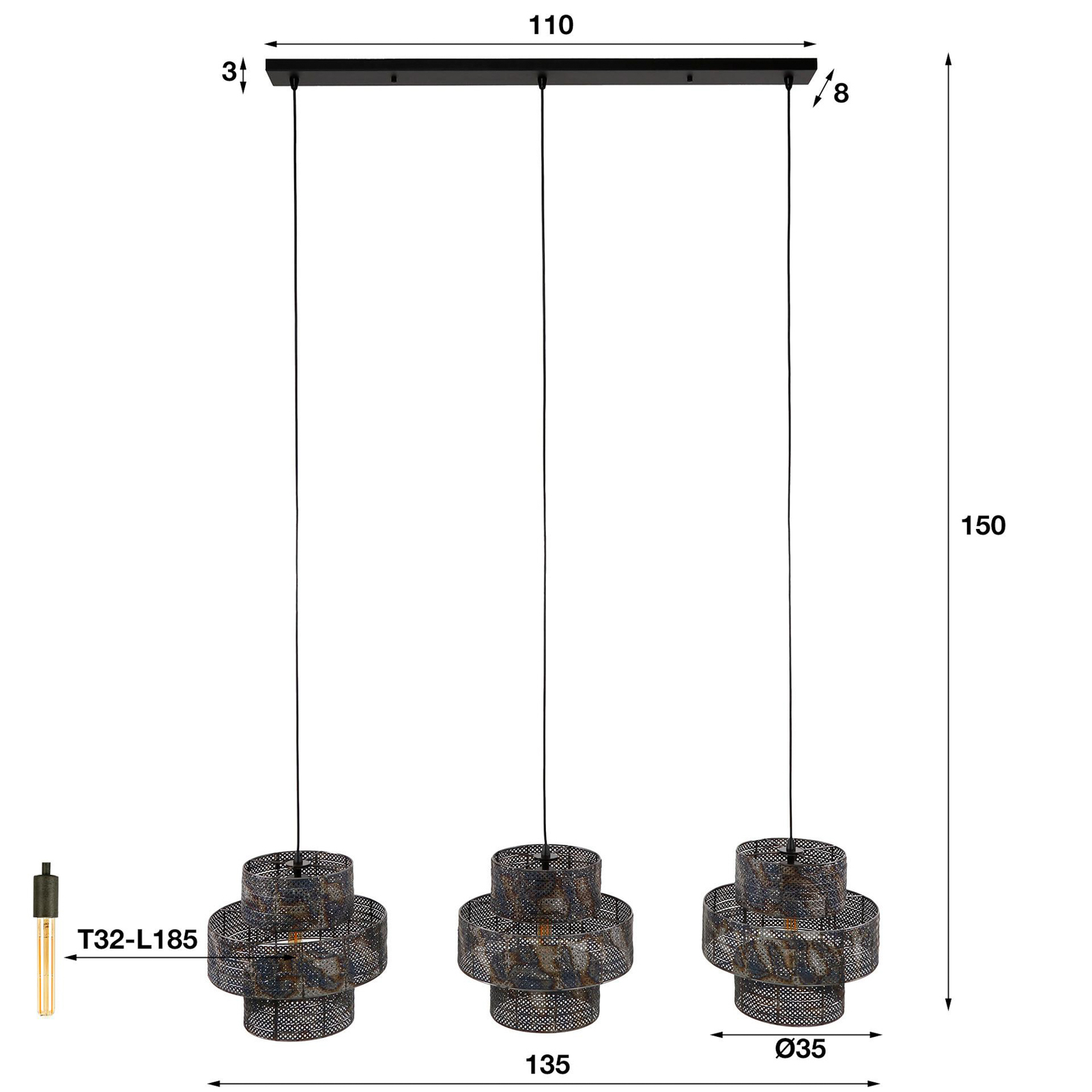 Hängelampe Lantern schwarz/brüniert Länge 135cm Metall 3-flg