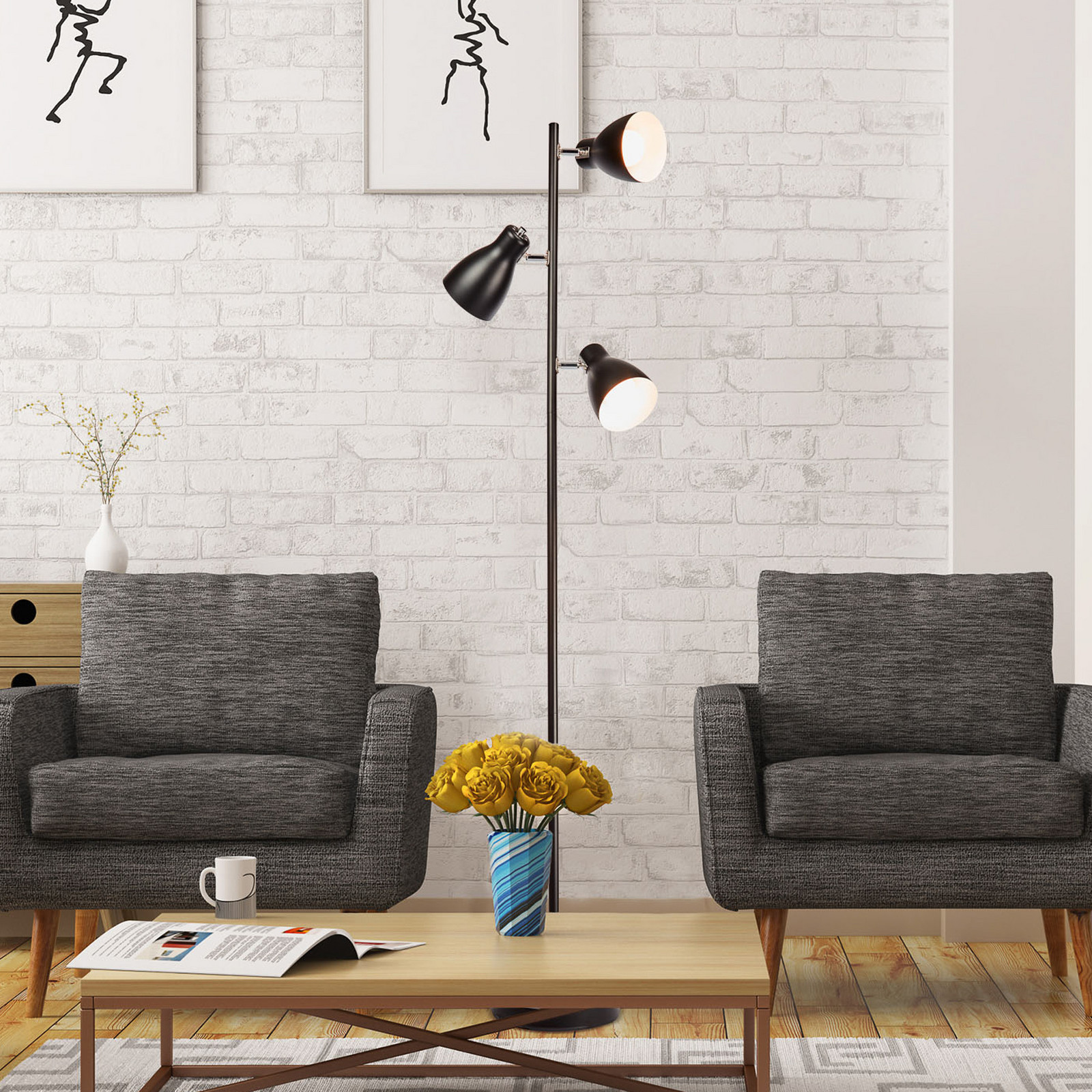 B.K. Licht Lampadar Gide cu 3 becuri negru metal E27 - Camera de zi / sufragerie