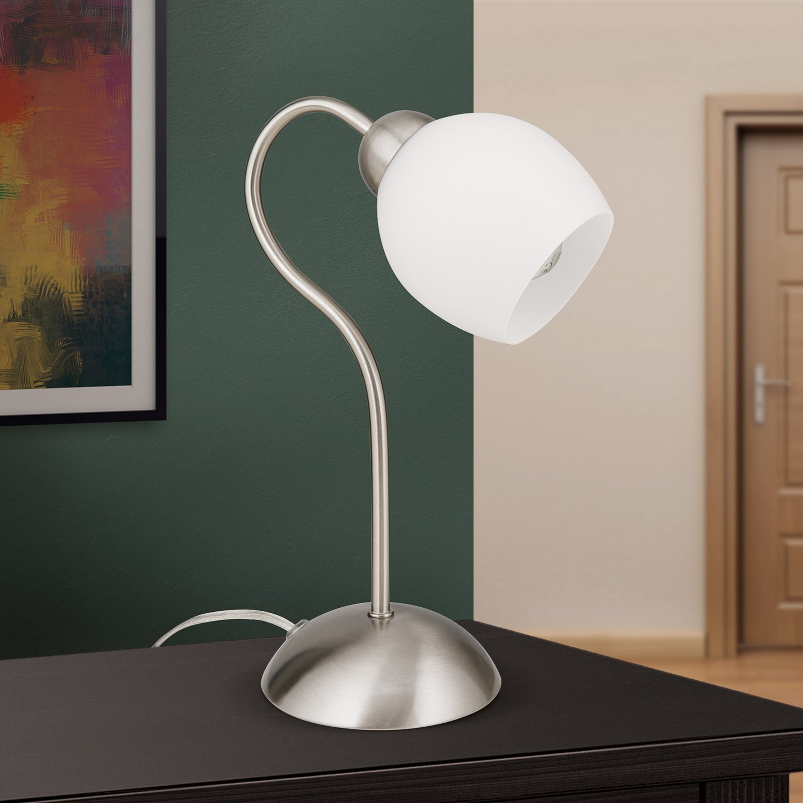 Lampe à poser Doma, nickel satiné, hauteur 30 cm, verre