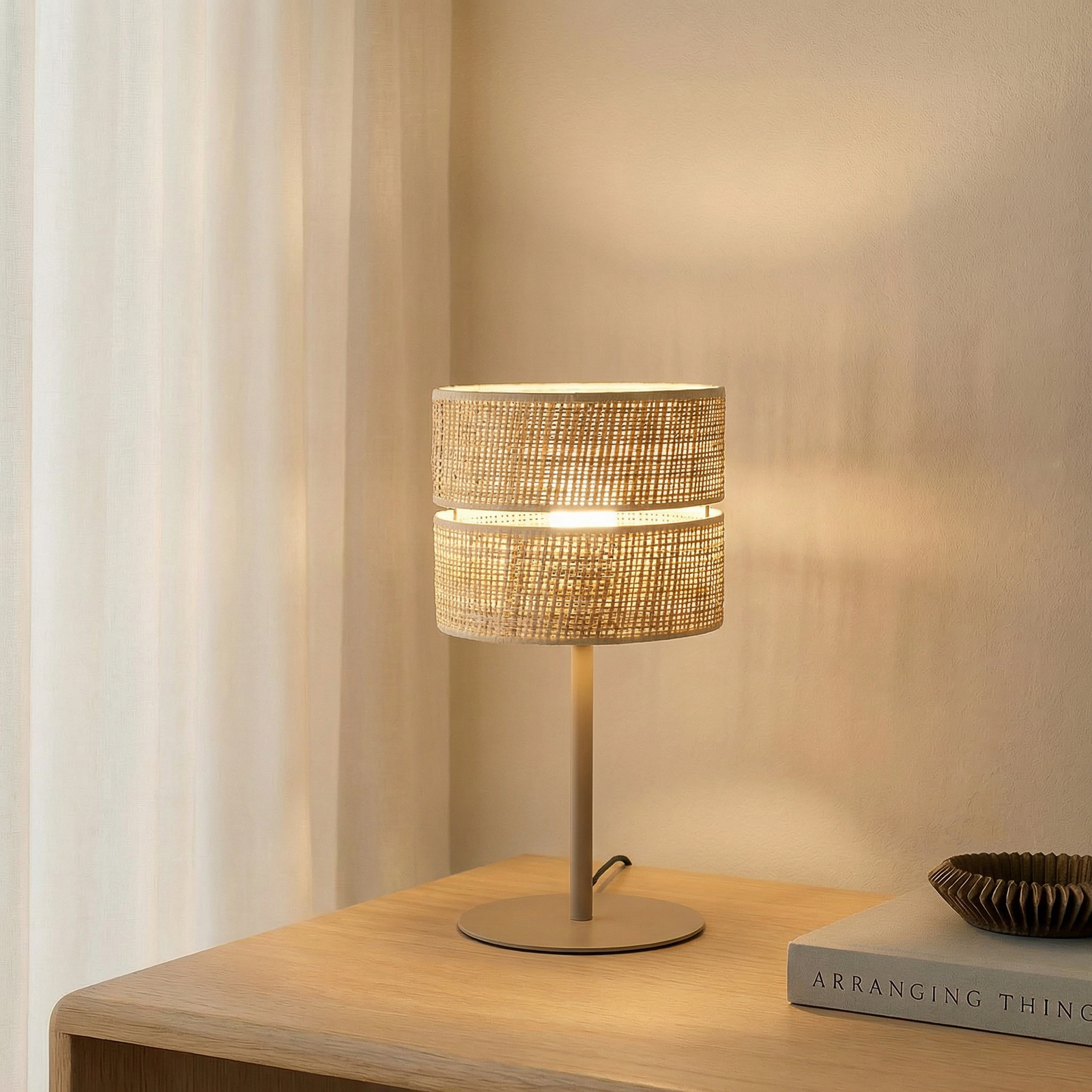 lampe à poser Calma, beige, raphia, hauteur 38 cm, E27