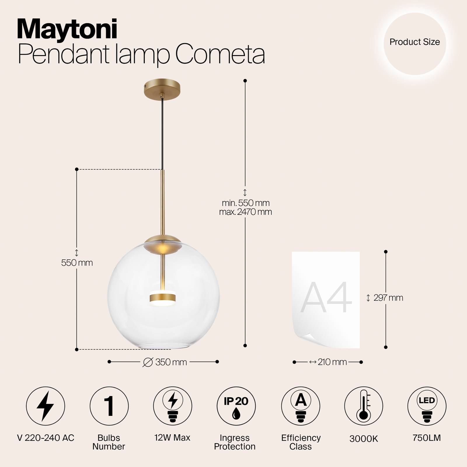 Lampa wisząca Maytoni LED Cometa, kolor złoty, szkło, Ø 35 cm