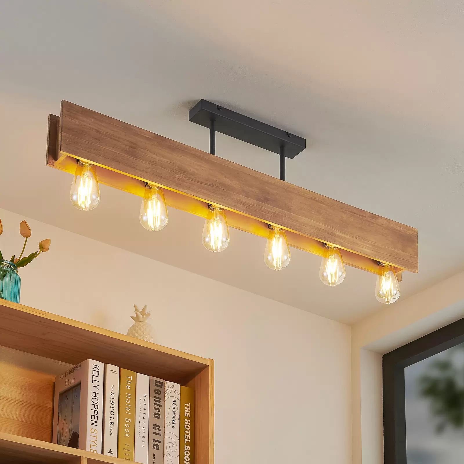 Lindby Malwin wood ceiling light, long 6-bulb, E27