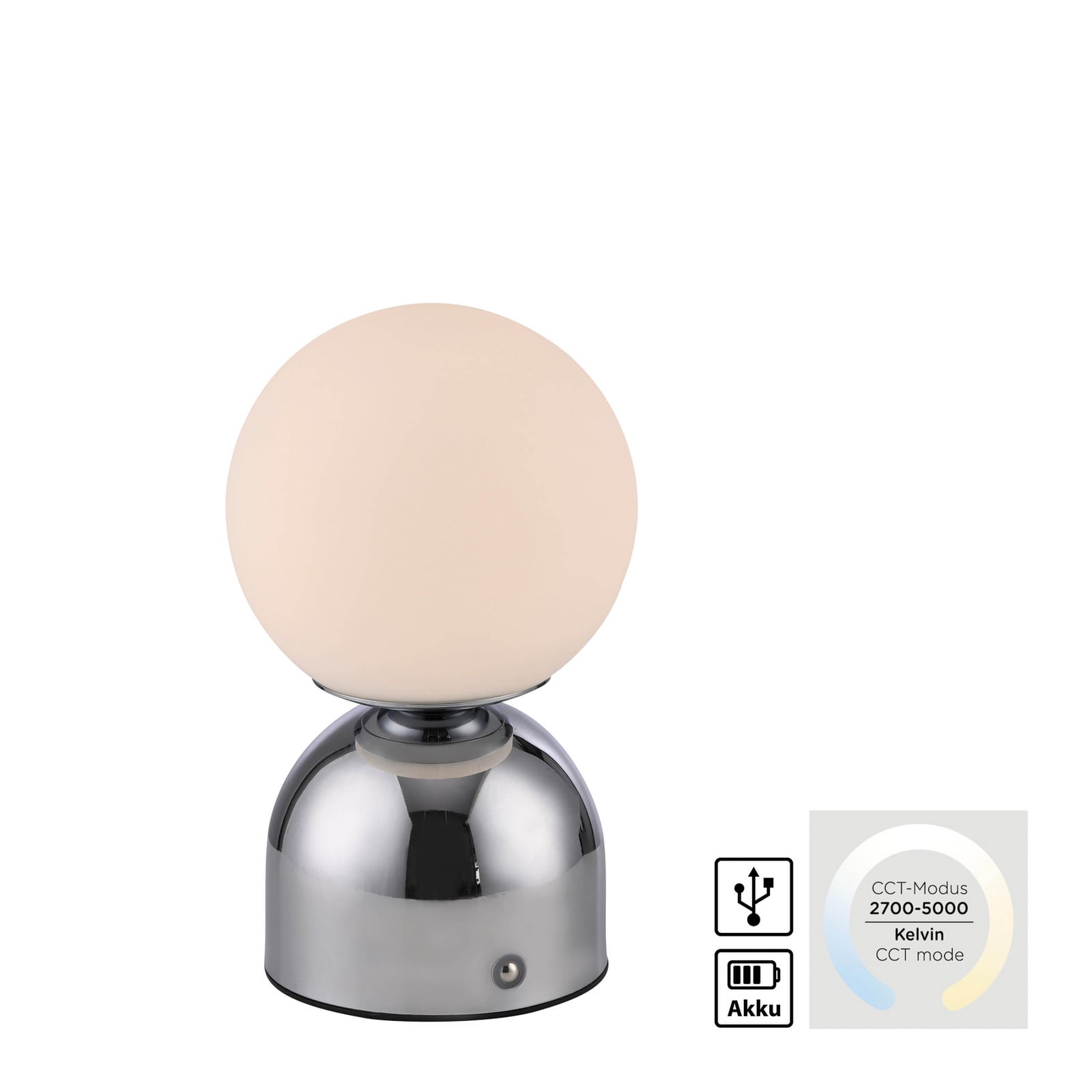 LED-akutoitel laualamp RUDI, kroom, kõrgus 20 cm, CCT, puutetundlik hämardus