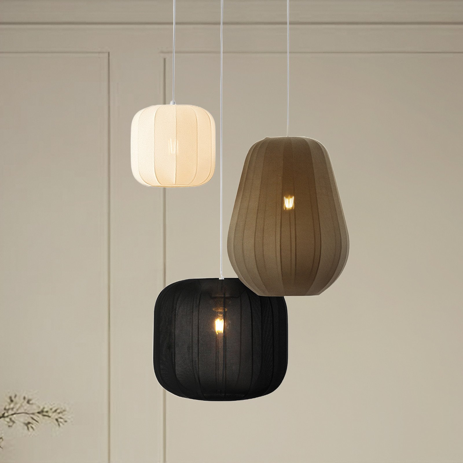 Lampă suspendată Lindby Helin negru/alb/gri Ø 60 cm 3 becuri. - Camera de zi / sufragerie - Scandinavă - alb negru gri - Țesătură / Textil